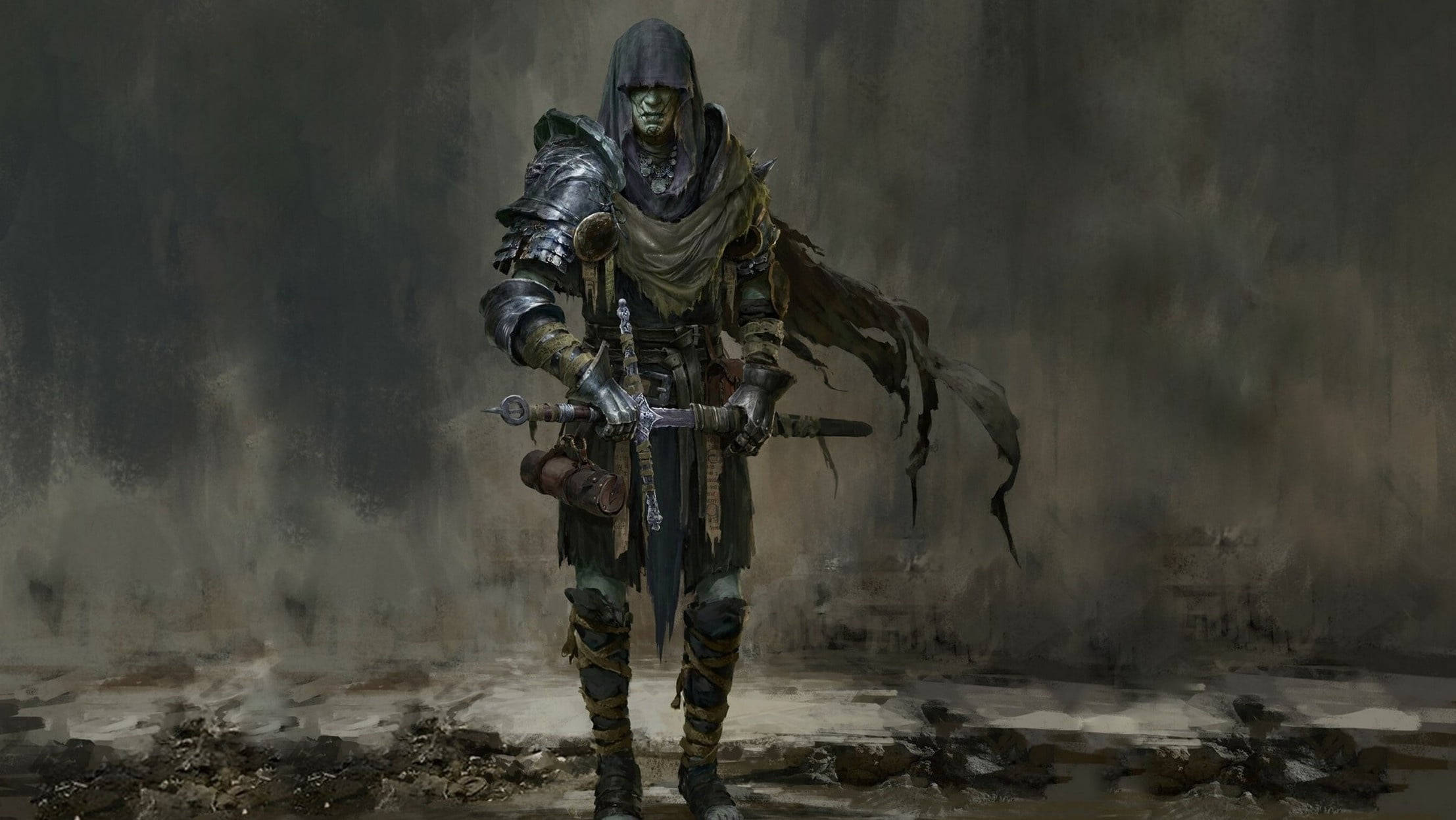 Death Knight 桌布 壁紙 — 一個戴著兜帽、綠色皮膚的戰士，身穿風化盔甲，在骯髒的石頭背景下手持雙劍蓄勢待發。