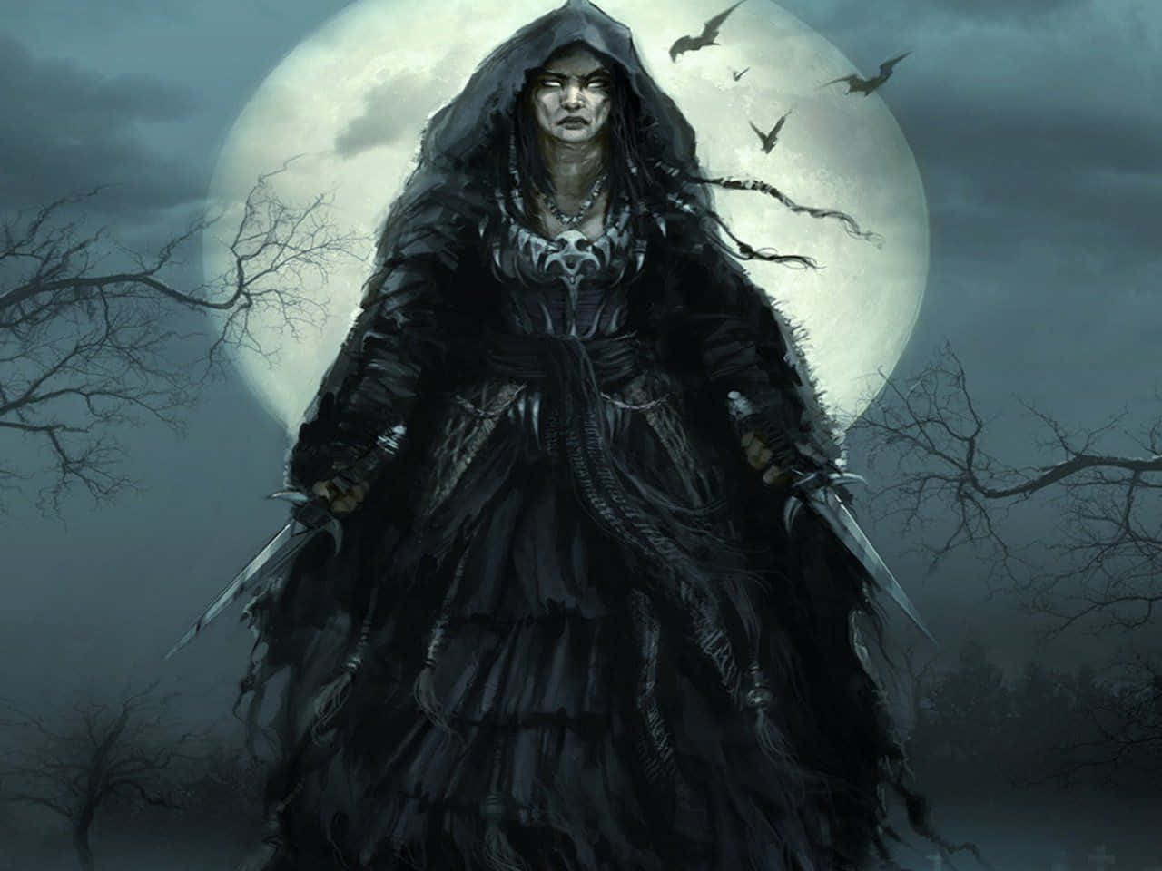 Gothic Fashion 桌布 壁紙 — 一個戴著兜帽、臉色蒼白的黑暗身影，身穿華麗盔甲，在滿月下蝙蝠飛過頭頂時威嚇地站立。