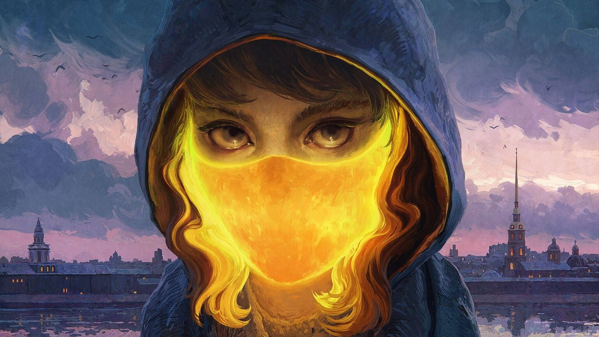 Fire Girl 桌布 壁紙 — 一個戴著兜帽、臉部發出橙色光芒的人物，站在暮色城市景觀前，背景有歷史尖塔和烏雲。