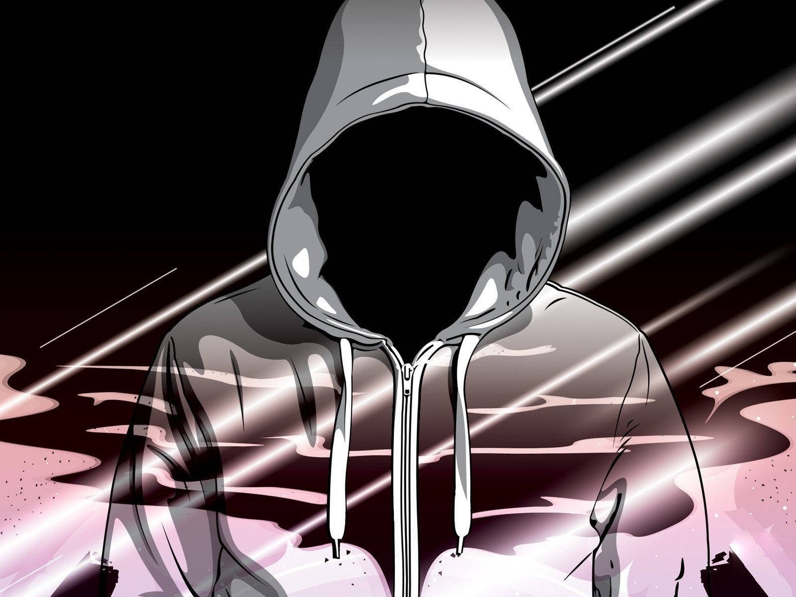 Hoodie 桌布 壁紙 — 一個戴著兜帽、臉部空白的人物站在帶有發光粉紅色和白色條紋的黑暗背景前。