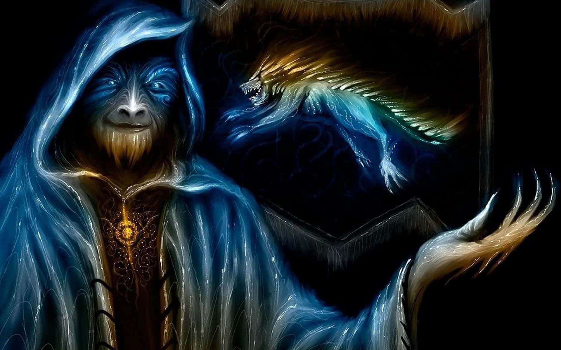 Wizardry 桌布 壁紙 — 一個戴著兜帽、藍皮膚、眼睛發光的巫師，在黑暗背景下召喚出一隻擁有金色毛皮和冰藍色翅膀的幽靈狼。
