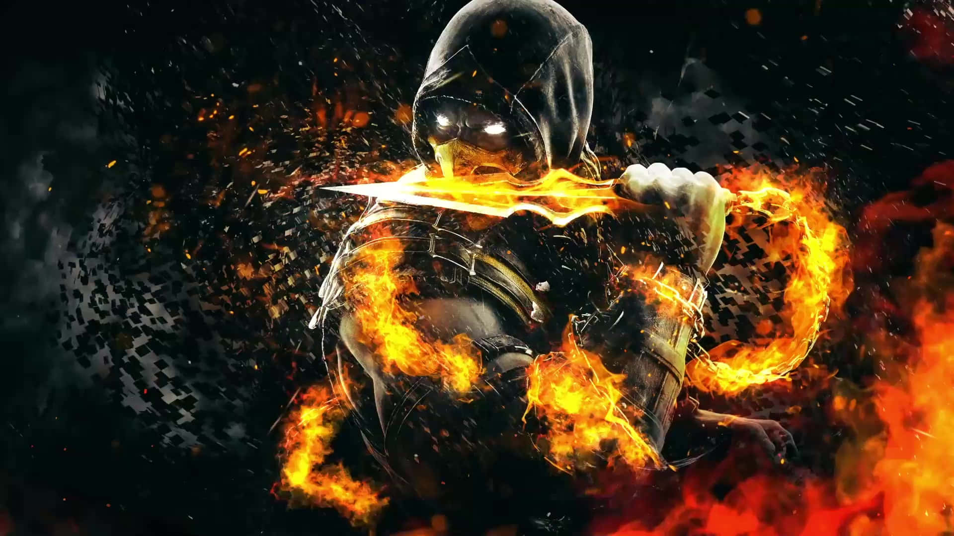 Mortal Kombat Scorpion 桌布 壁紙 — 一個戴著兜帽、被火焰包圍的戰士，在黑暗像素背景中揮舞著發光的刀刃。