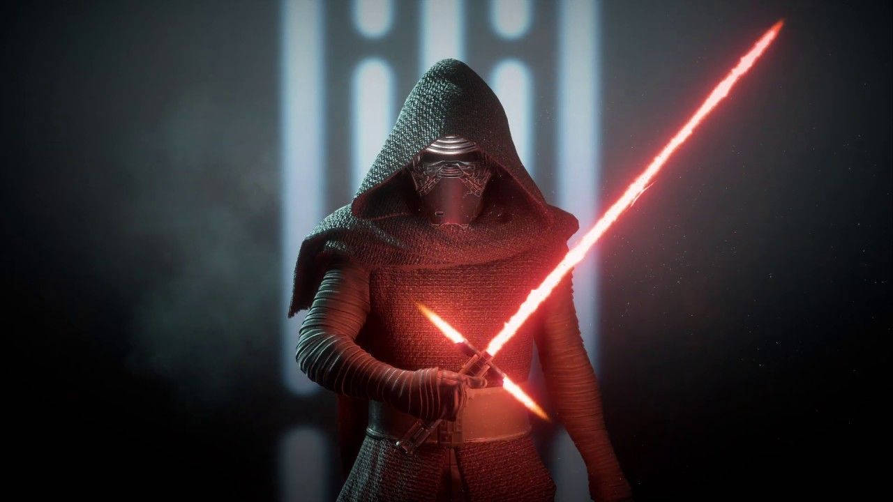 Kylo Ren 桌布 壁紙 — 一個戴著兜帽、身穿暗色盔甲的人物，在昏暗的背景中揮舞著發光的紅色光劍，背景有垂直的光條。