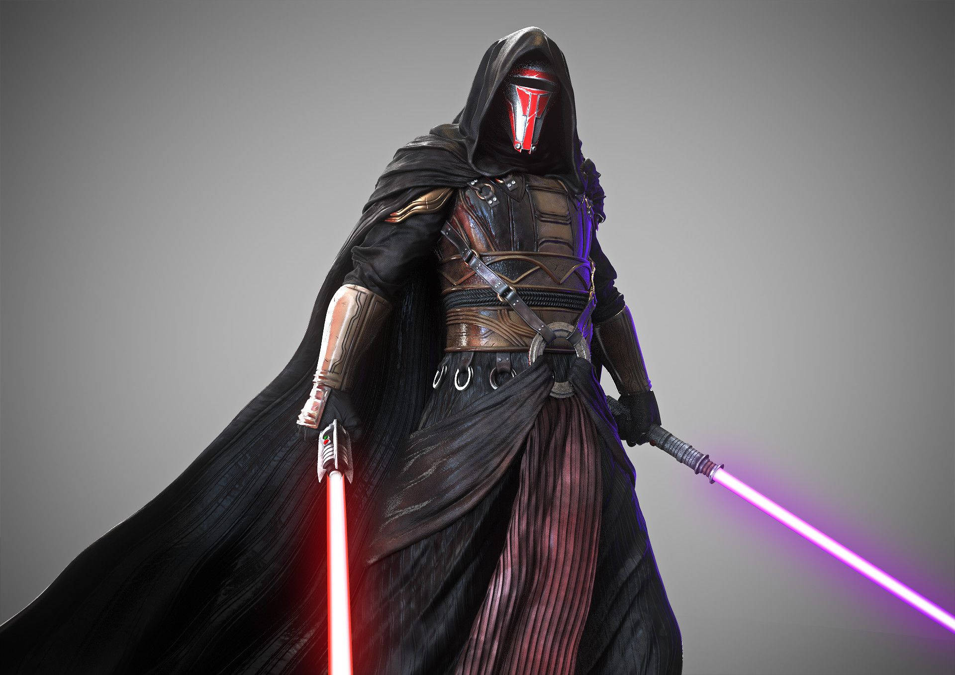 Revan 桌布 壁紙 — 一個戴著兜帽、身穿暗色盔甲的戰士，在純灰色背景前揮舞著紅色和紫色的光劍。