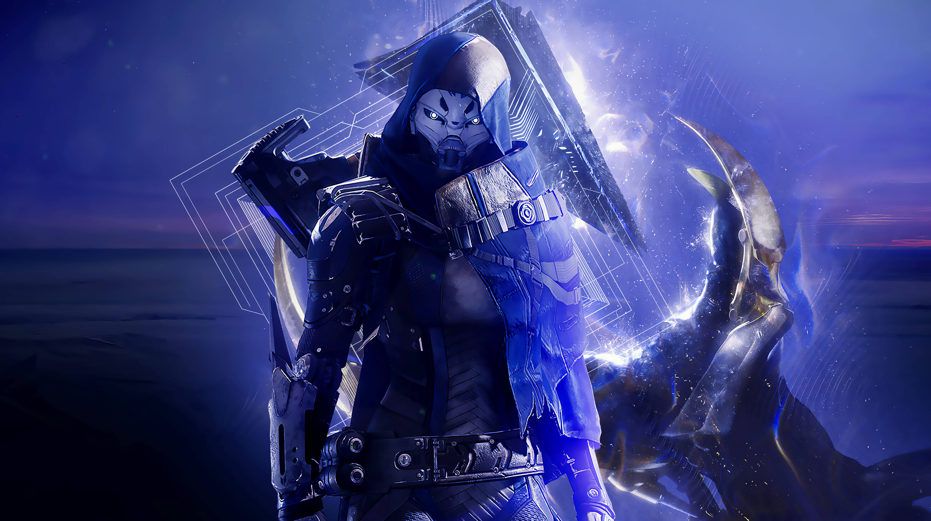 Destiny 2 桌布 壁紙 — 一個戴著兜帽、身穿未來盔甲的戰士，在發光的藍色能量和怪物剪影的宇宙背景下挑釁地站立。
