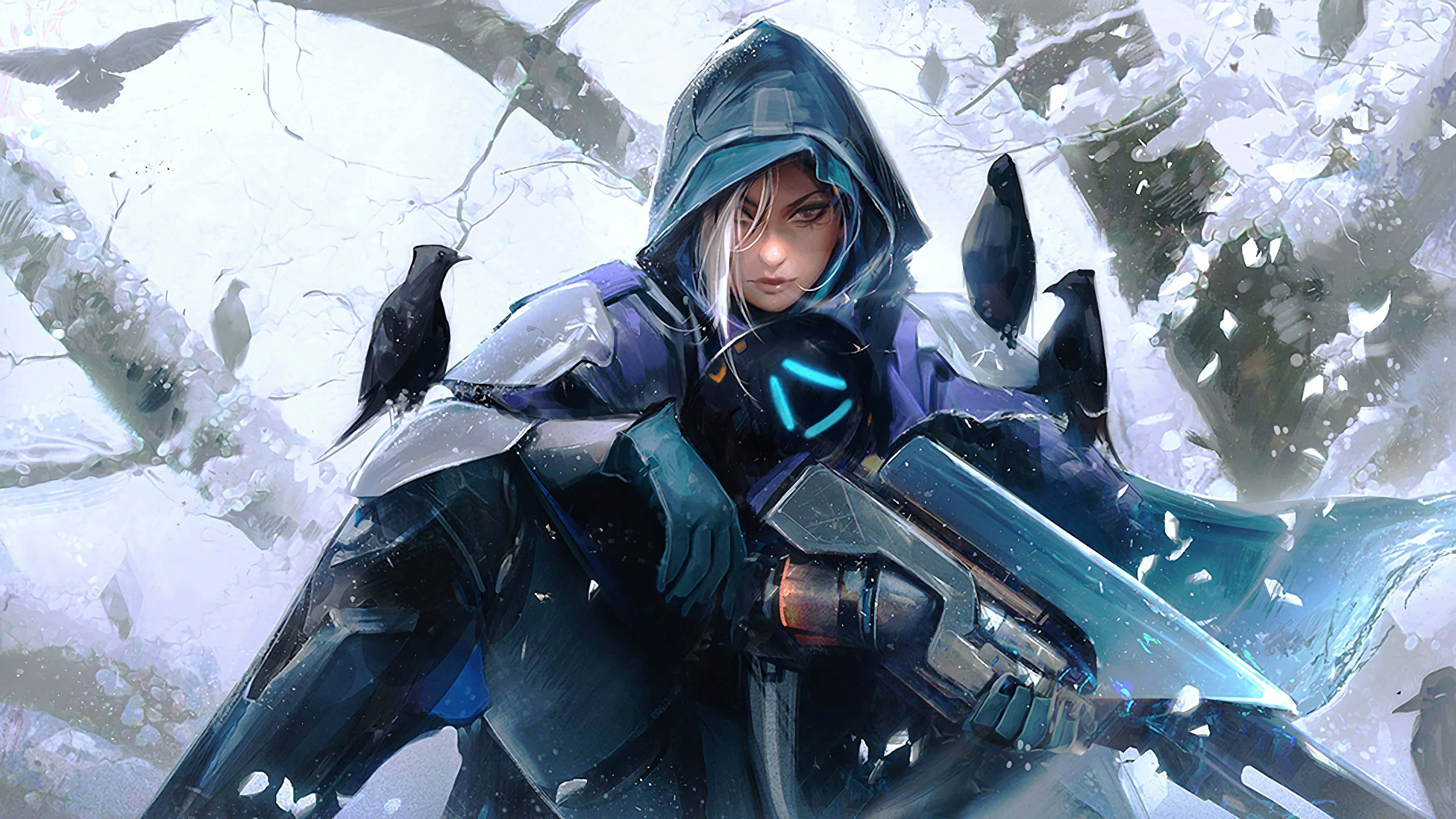 Overwatch Ana 桌布 壁紙 — 一個戴著兜帽、身穿未來盔甲的戰士，站在積雪的樹枝間，附近有烏鴉棲息。