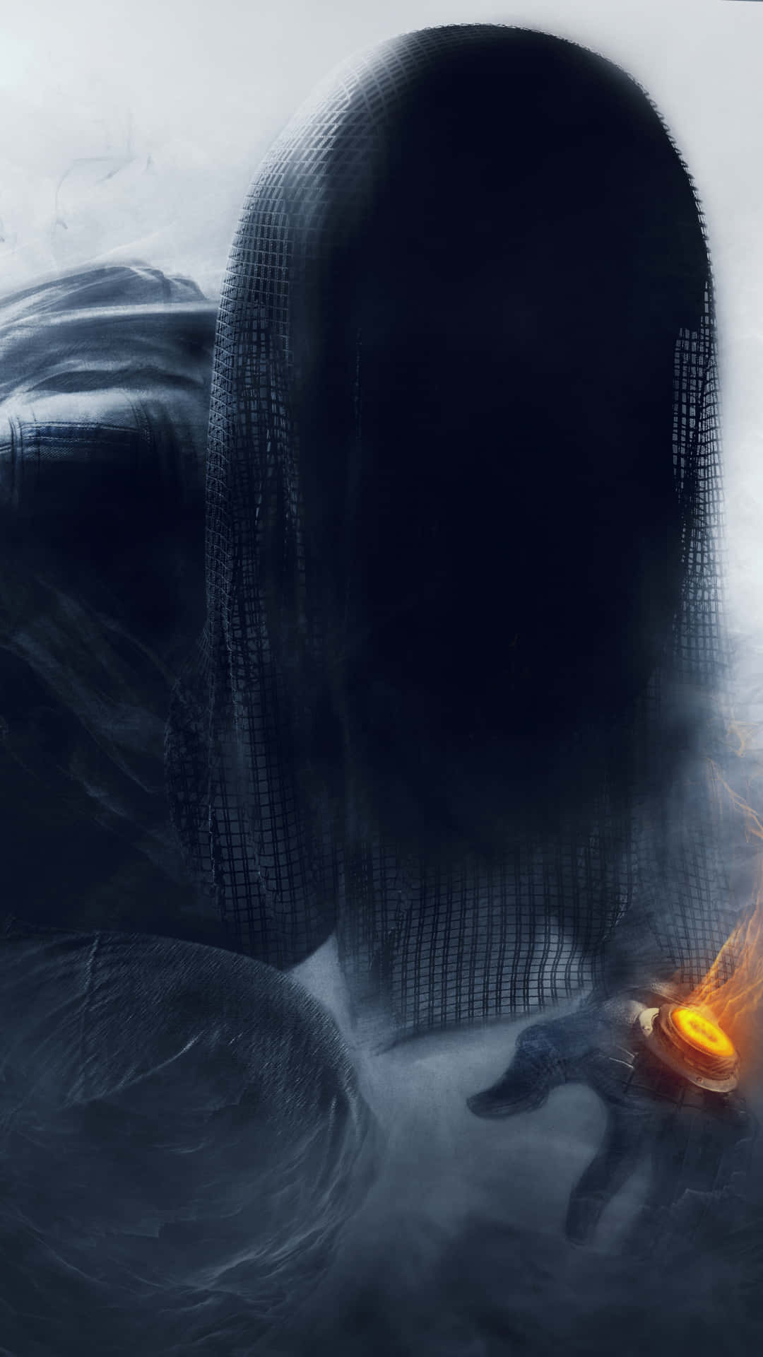 Android Rainbow Six Siege 桌布 壁紙 — 一個戴著兜帽、身穿深色網狀服裝的人物，在旋轉的迷霧和陰影中手持一個發光的橙色球體。