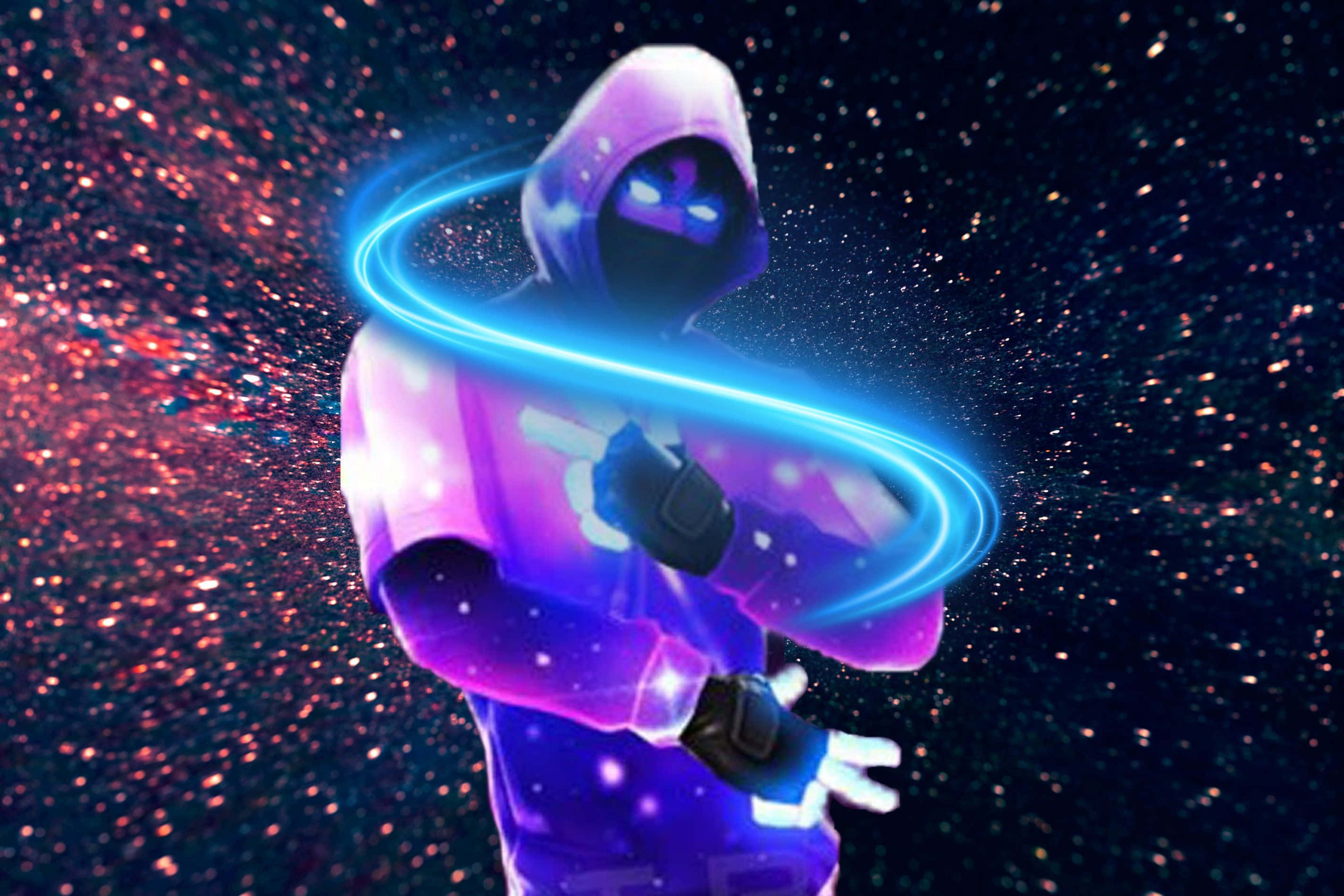 Fortnite 桌布 壁紙 — 一個戴著兜帽、身穿發光紫色盔甲的人物，在宇宙星空背景下引導出一道明亮的藍色能量環。