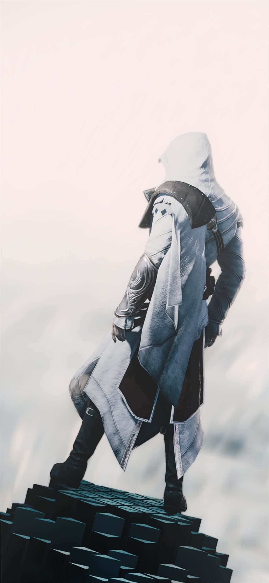 iPhone X Assassin's Creed Valhalla 桌布 壁紙 — 一個戴著兜帽、身穿白色長袍的刺客站在一個深色幾何平台上，背景是朦朧的蒼白天空。