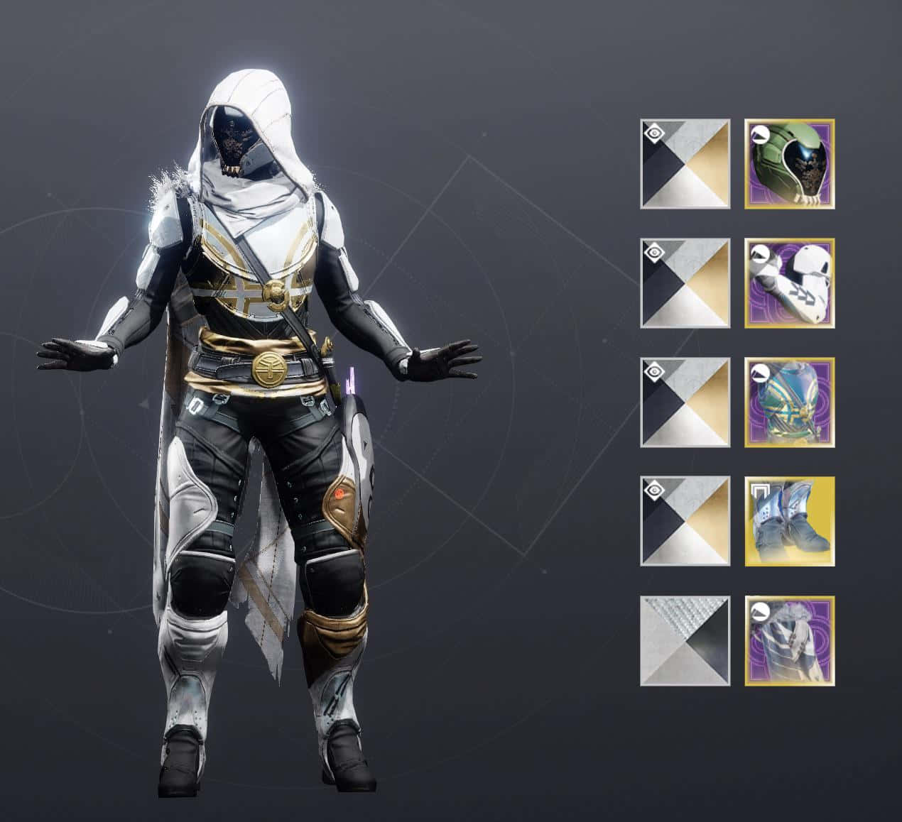 Best Destiny 2 桌布 壁紙 — 一個戴著兜帽、身穿白金色和黑色盔甲的人物，在黑暗的幾何背景前，帶著發光的點綴站立。