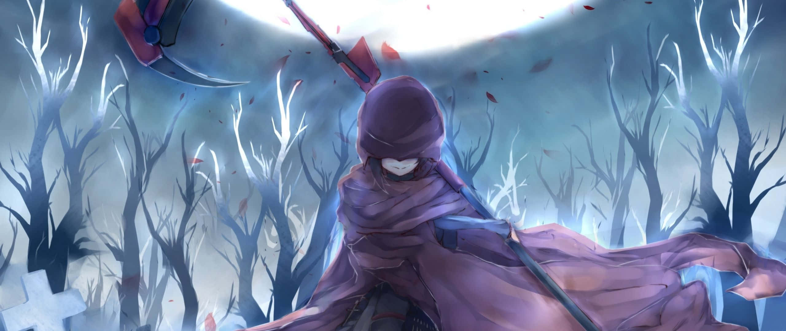 Edgy 桌布 壁紙 — 一個戴著兜帽、身穿紫色斗篷的人物，在明亮的月光下，於霧氣瀰漫的裸樹林中揮舞著發光的鐮刀。