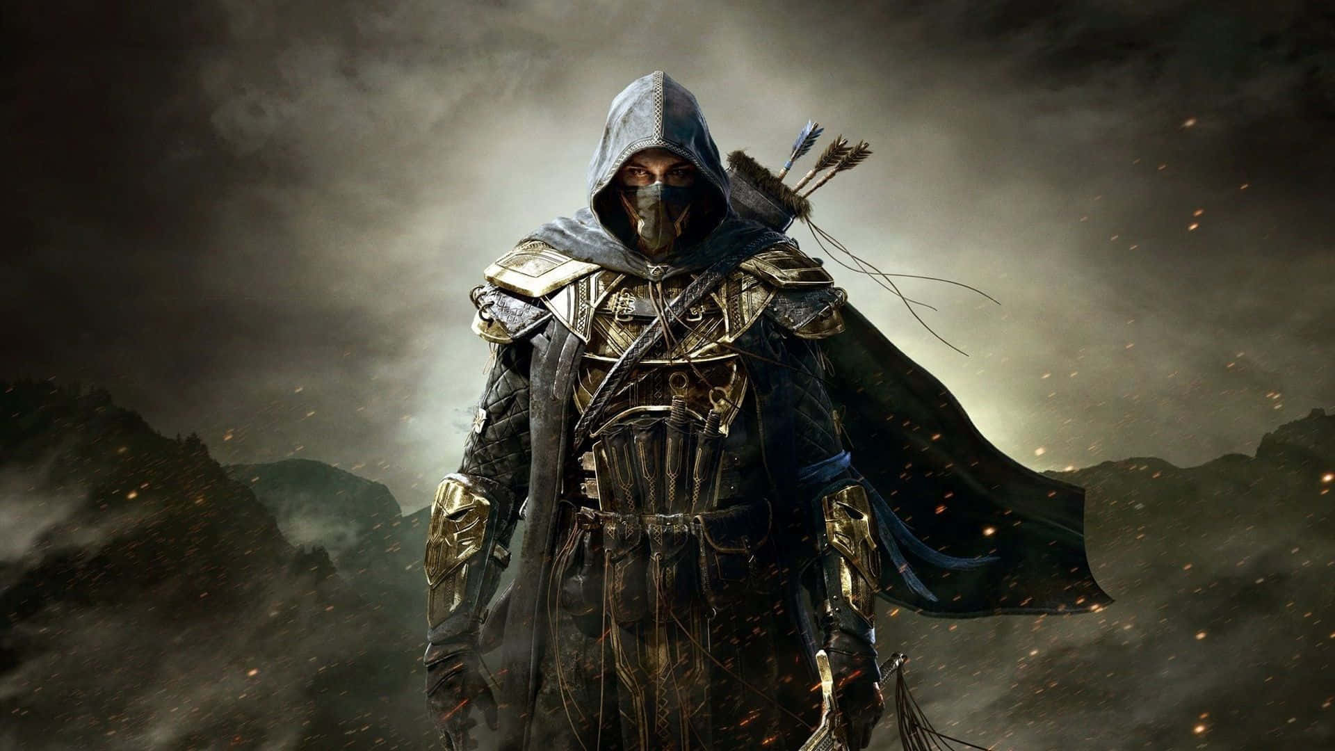 Best Gaming 桌布 壁紙 — 一個戴著兜帽、身穿華麗盔甲的戰士，在暴風雨的天空下，周圍漂浮著餘燼，傲然挺立。