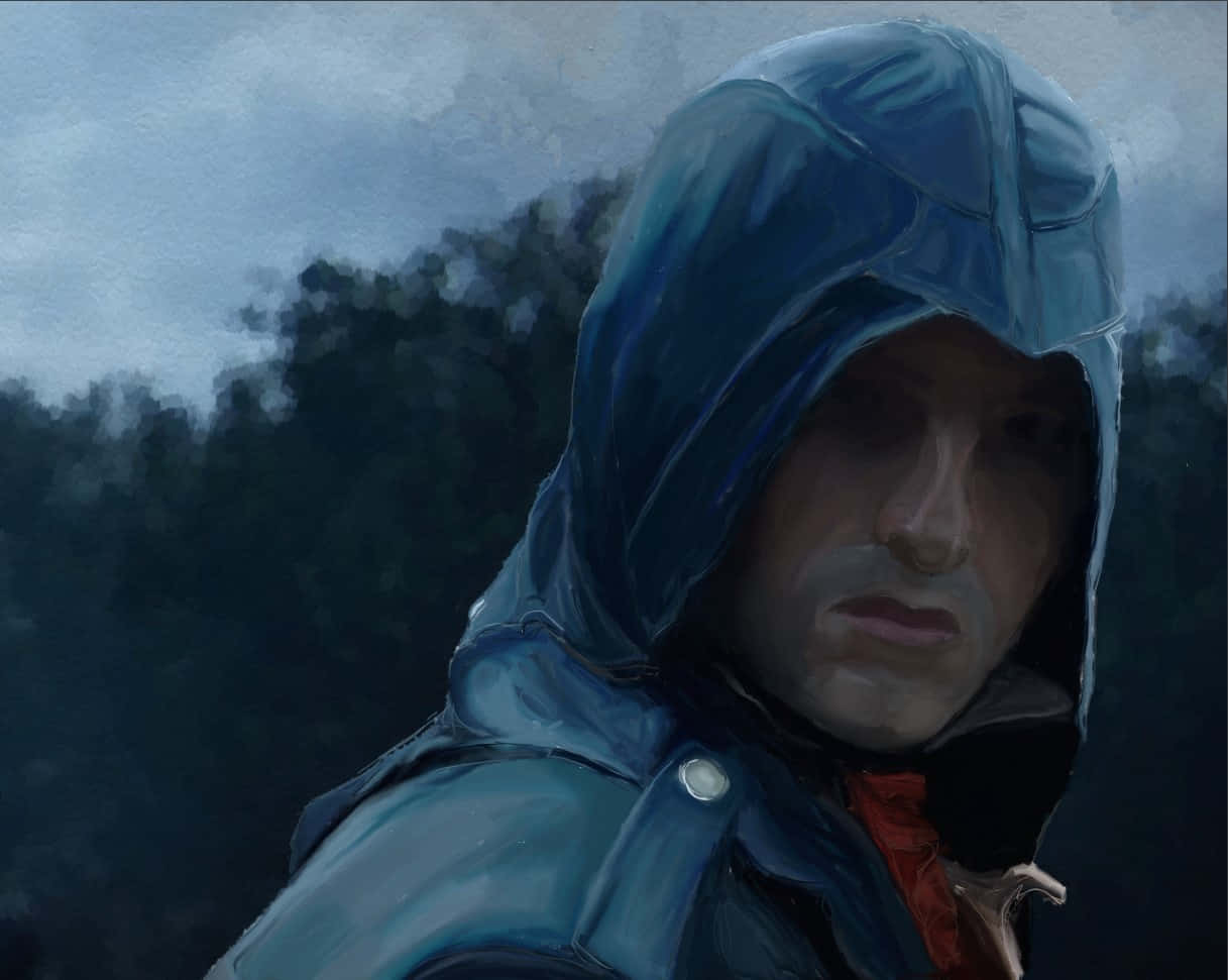 Arno Dorian 桌布 壁紙 — 一個戴著兜帽、身穿藍色雨衣的男人，在陰天陰鬱的森林背景下專注地凝視。