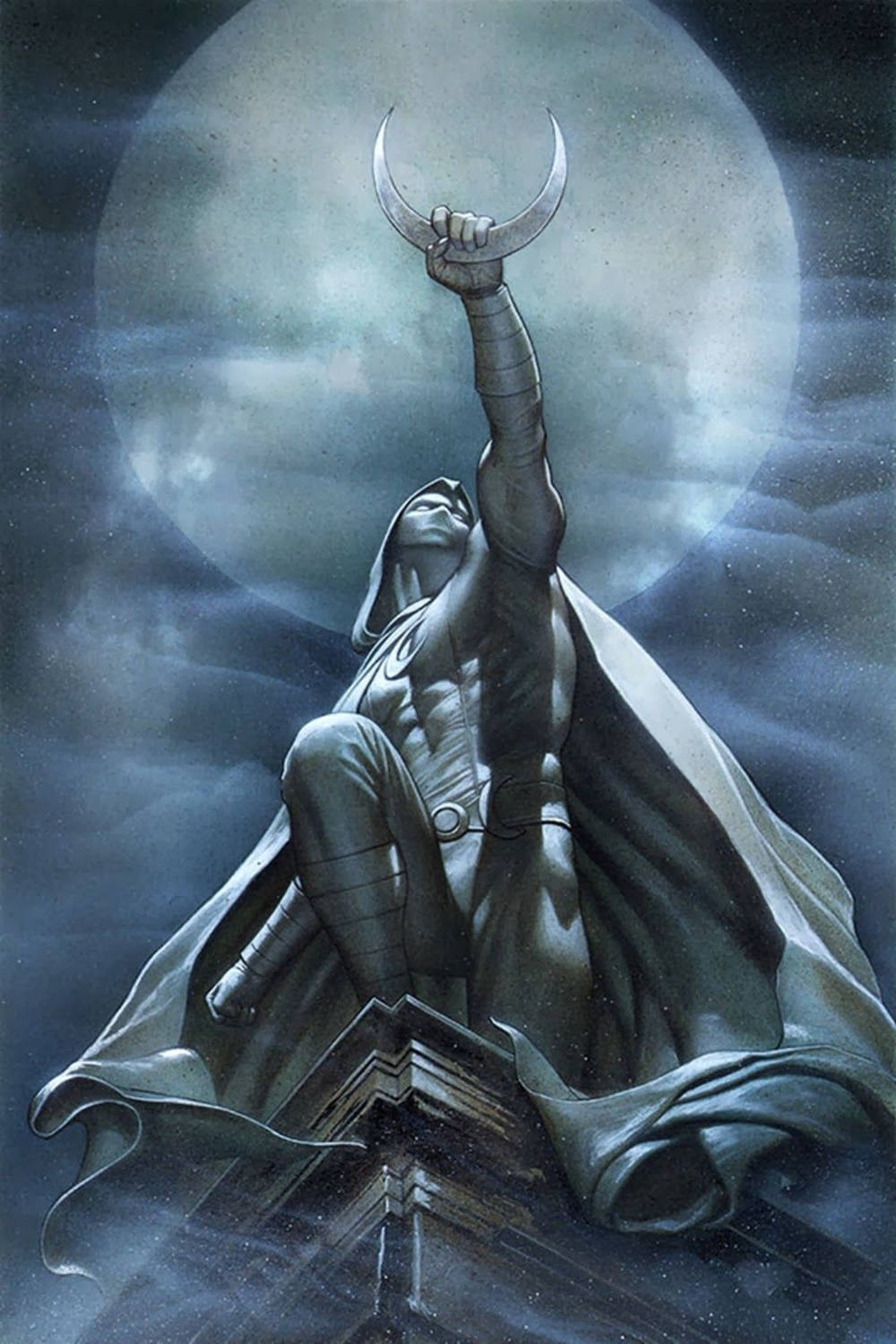 Moon Knight 桌布 壁紙 — 一個戴著兜帽、身穿金屬盔甲的戰士，在暴風雨的夜空中，高舉新月刀刃，對抗巨大的發光月亮。