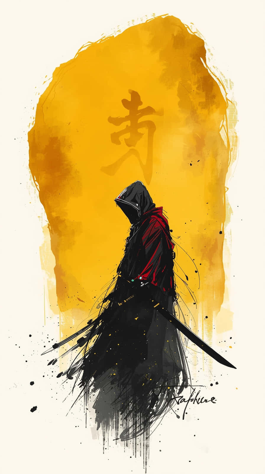Hooded Crimson Samurai Shadow Art Wallpaper 壁紙 — 一個戴著兜帽、身穿黑紅斗篷的戰士，在帶有漢字的鮮黃色背景上呈現剪影。