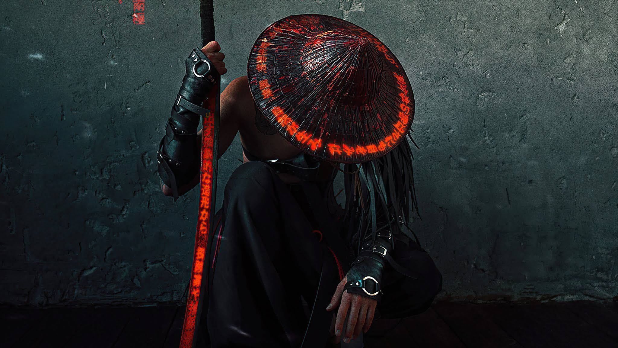Metallic 桌布 壁紙 — 一個戴著兜帽、身穿黑色盔甲、戴著發光紅帽的戰士，靠著骯髒的牆壁跪下，手持發光法杖。