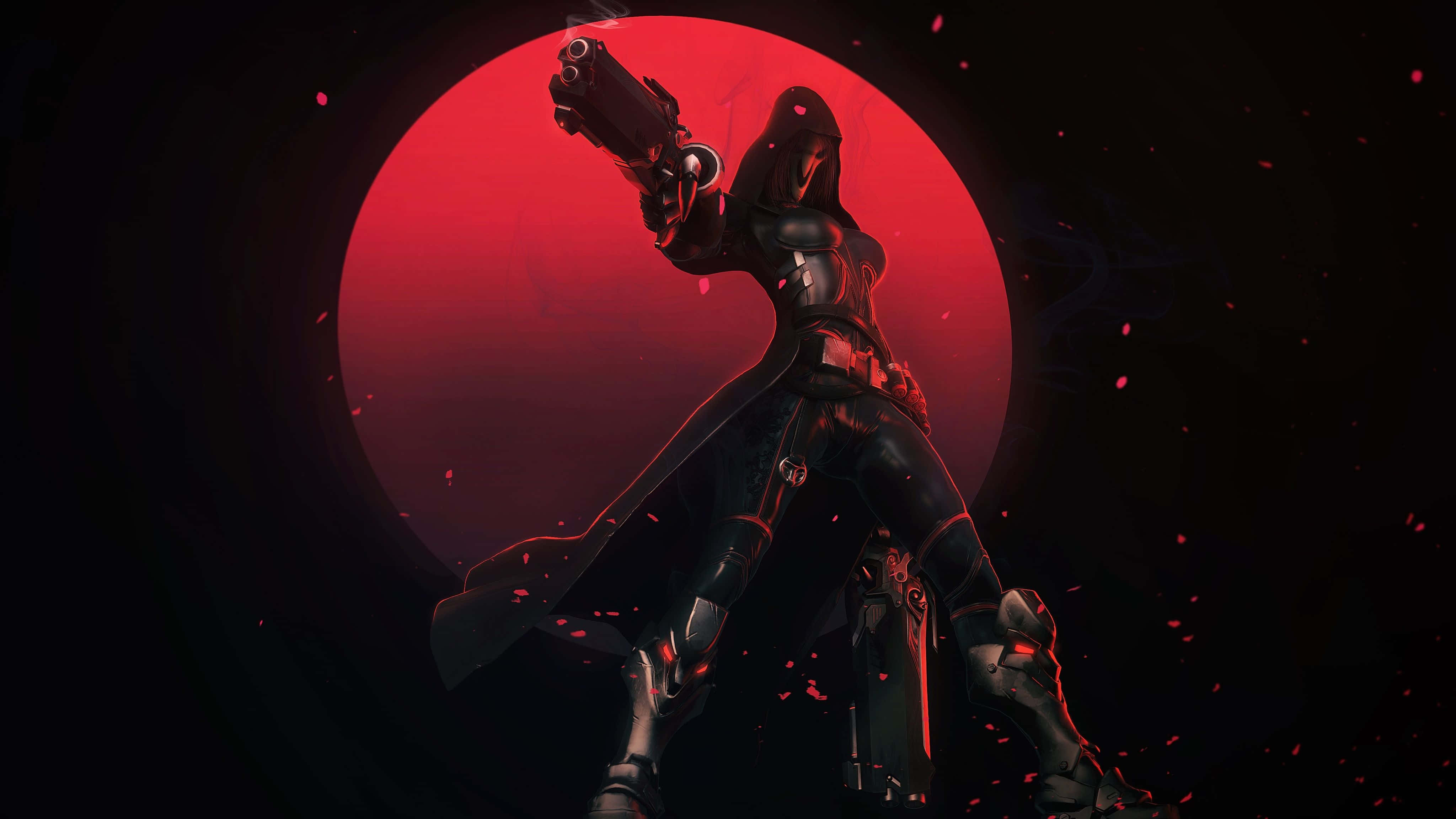 Aesthetic Overwatch 桌布 壁紙 — 一個戴著兜帽、身穿黑色盔甲的人物，正用一把未來風格的手槍瞄準一個發光的紅色圓形背景，背景中漂浮著餘燼。