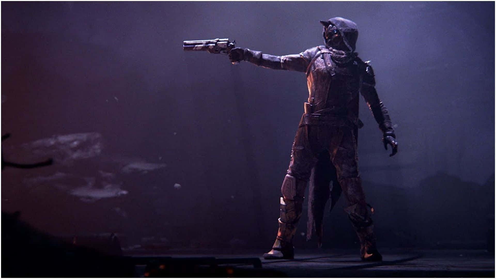 Best Destiny 2 桌布 壁紙 — 一個戴著兜帽、身穿黑色盔甲的人物在煙霧瀰漫、光線昏暗的環境中，瞄準一把手槍，周圍有漂浮的碎片。