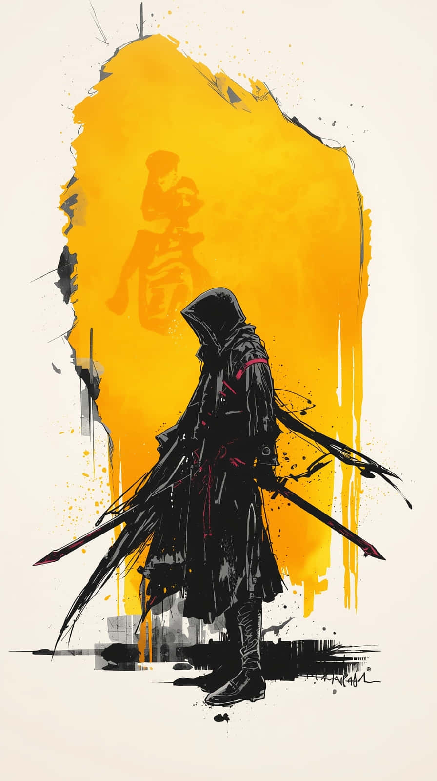 Minimalist Hooded Ronin Katana Wallpaper 壁紙 — 一個戴著兜帽、身穿黑色盔甲的戰士，在鮮黃色潑濺背景下呈現剪影，背後有一個模糊的幽靈般的身影。