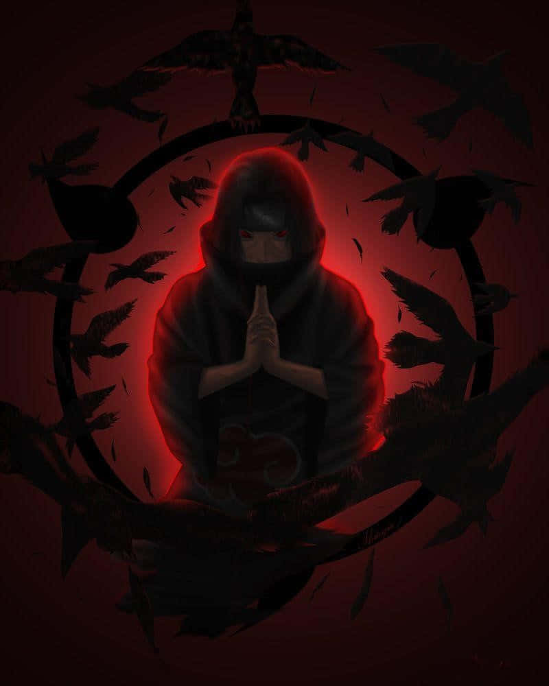 Genjutsu 桌布 壁紙 — 一個戴著兜帽、雙眼發出紅光的人物，在深紅色背景上的圓形標誌內，被黑鳥圍繞著祈禱。