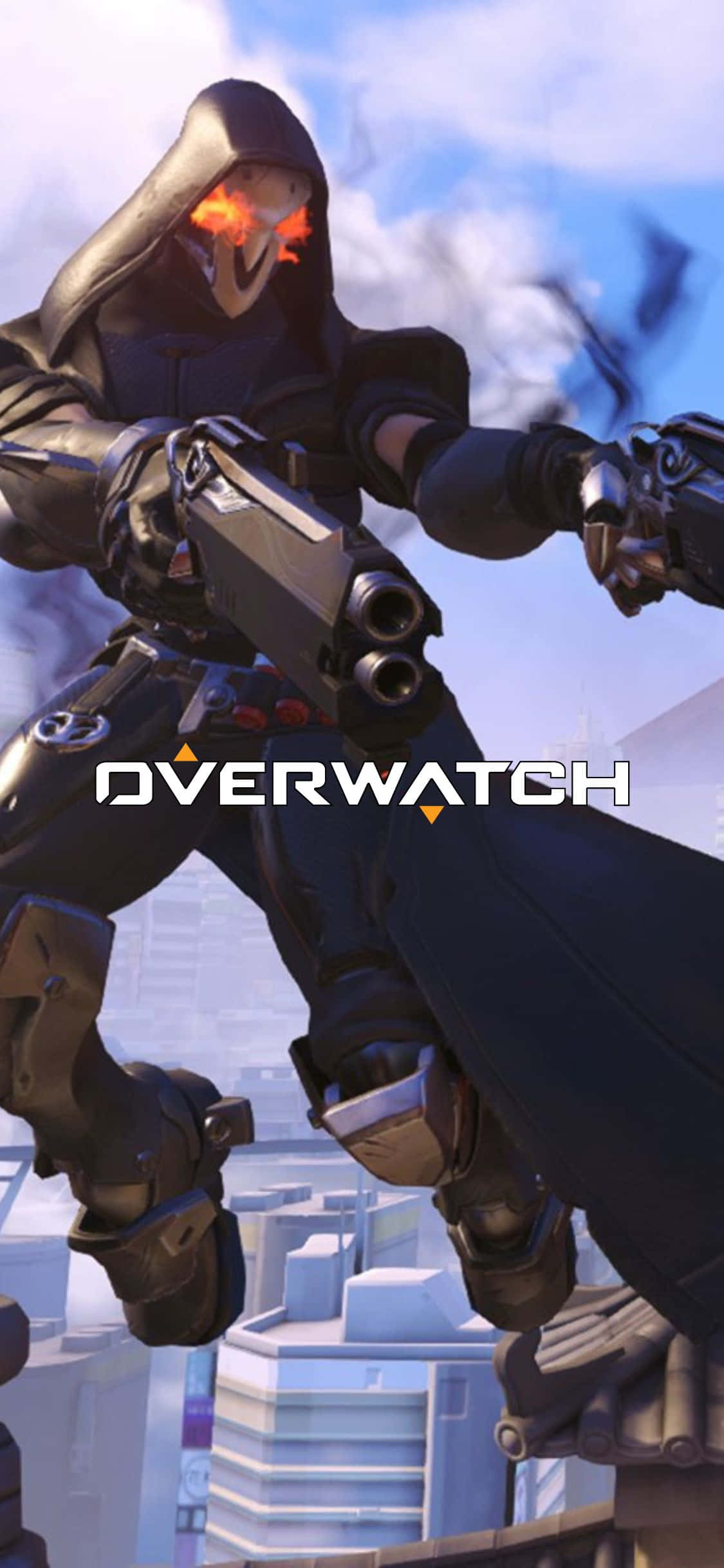 iPhone X Overwatch 桌布 壁紙 — 一個戴著兜帽的《鬥陣特攻》角色，擁有發光的橙色眼睛和雙槍，站在多雲天空下的未來城市景觀中。