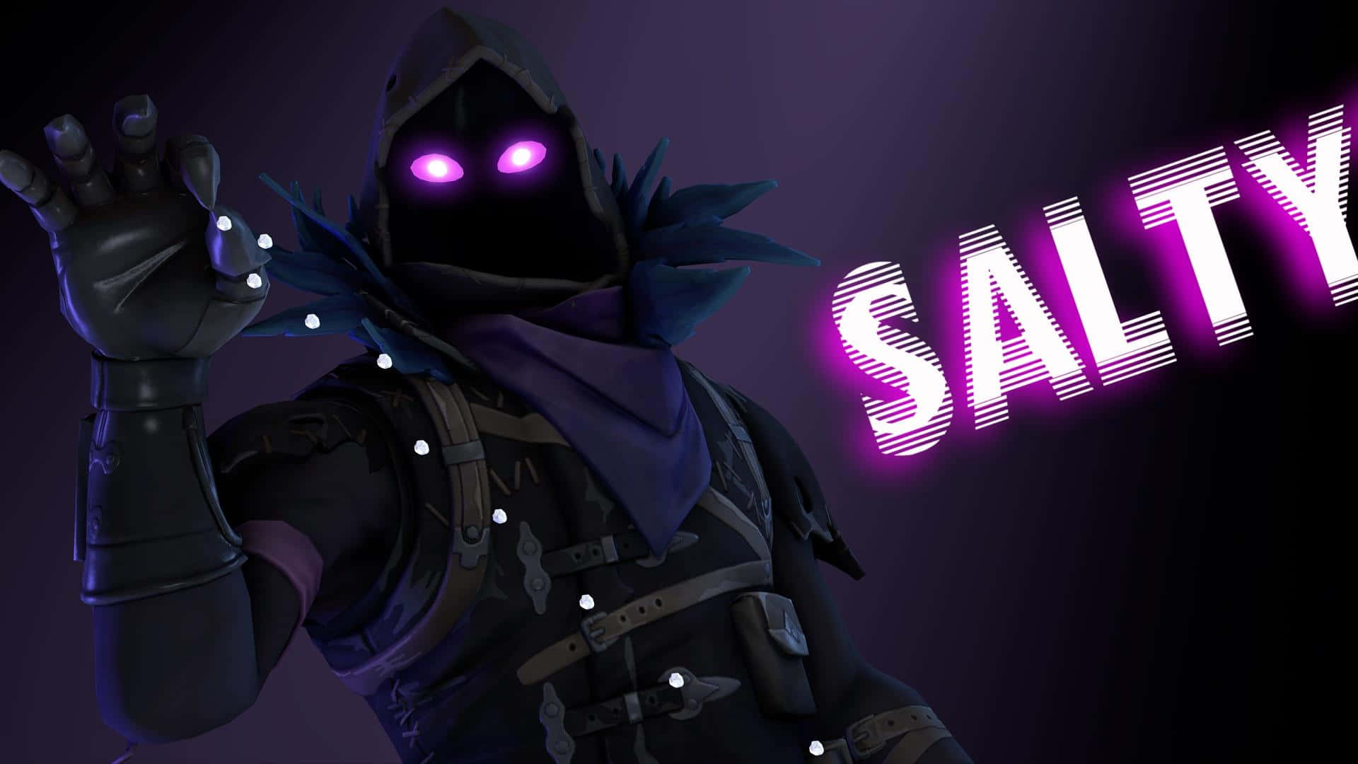 桌布 壁紙 — 一個戴著兜帽的Fortnite角色，在深紫色背景上有發光的紫色眼睛和一個「SALTY」霓虹燈標誌。