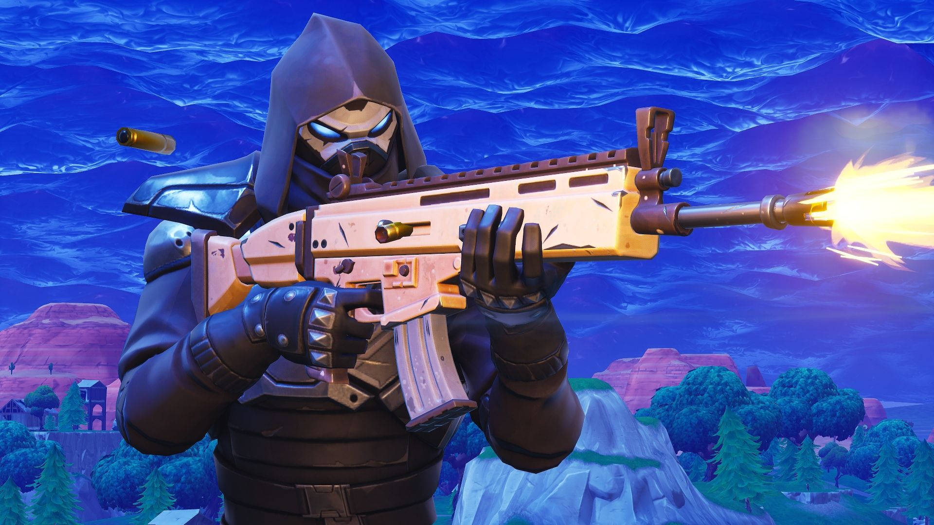 Shooting 桌布 壁紙 — 一個戴著兜帽的Fortnite角色在超現實的藍色山脈背景下發射發光武器。