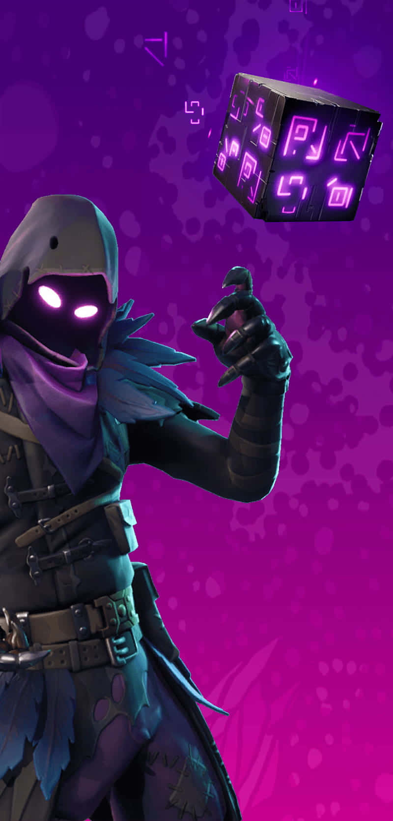 桌布 壁紙 — 一個戴著兜帽的Fortnite角色，眼睛發光，手持一個漂浮的發光立方體，背景是鮮豔的紫色。