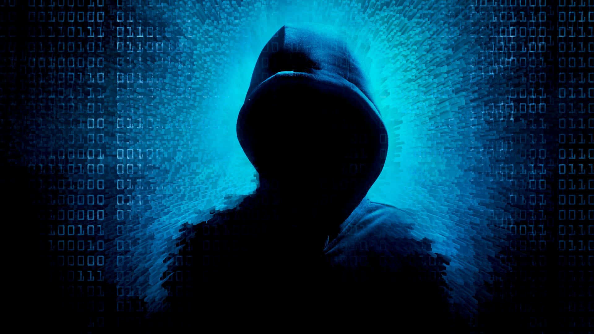 Dark Web 桌布 壁紙 — 一個戴著兜帽的人影從層疊的二進制代碼中浮現，散發著冷藍色的數位光芒。