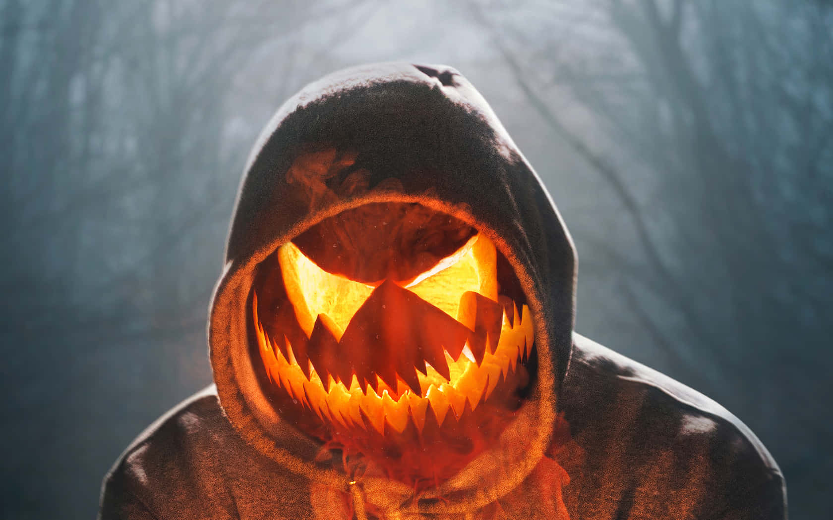 Halloween Profile 桌布 壁紙 — 一個戴著兜帽的人物，有著從內部發光的傑克南瓜燈臉孔，背景是迷霧森林。