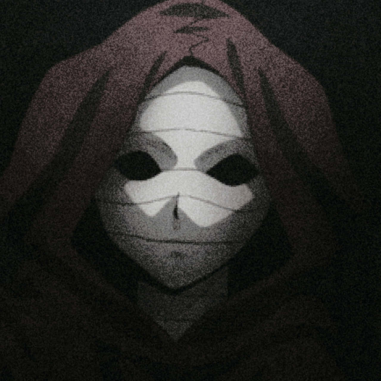 動漫 桌布 壁紙 — 一個戴著兜帽的人物，白色繃帶纏繞的臉龐和黑色眼洞，從黑暗中凝視。