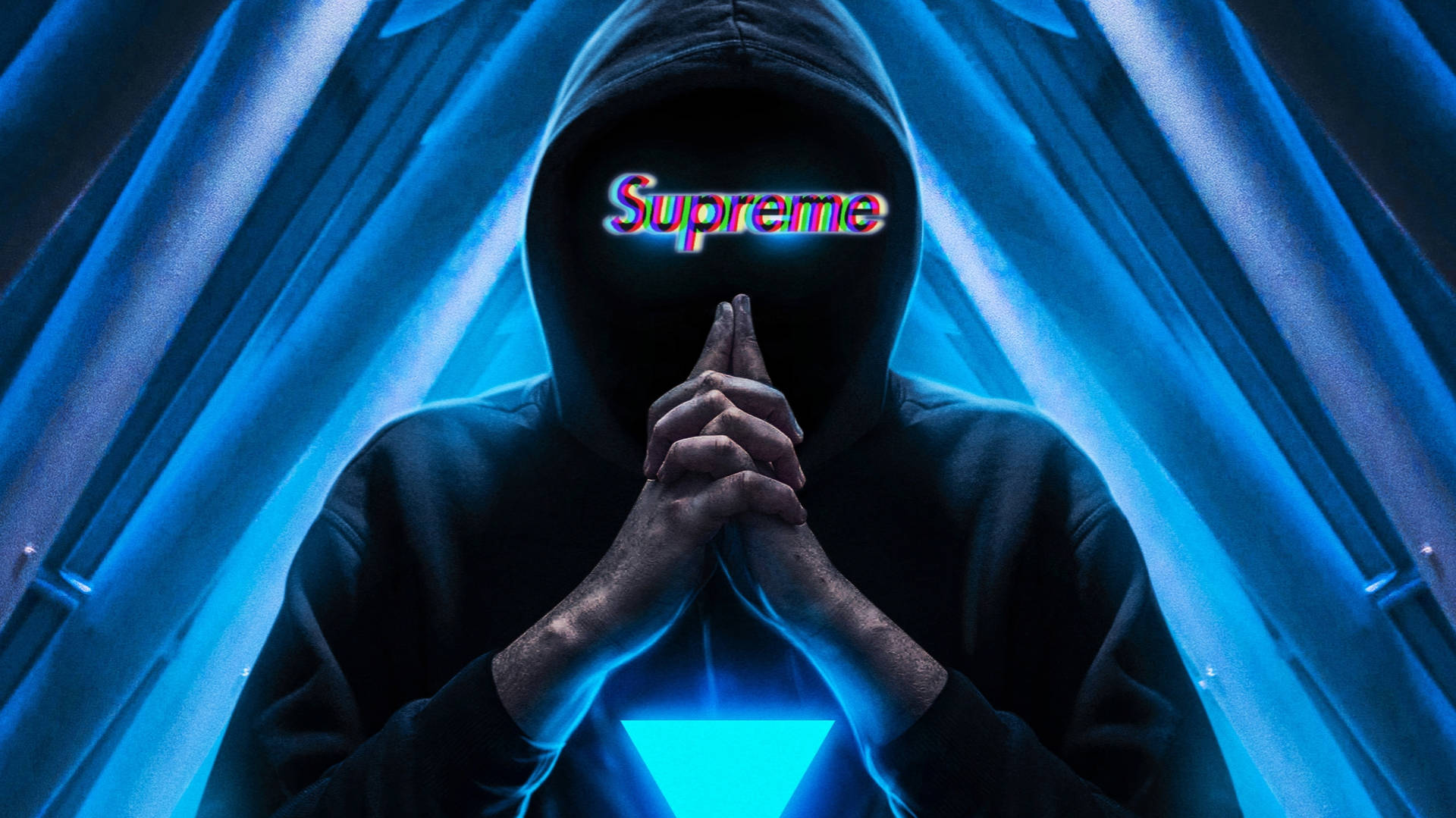 Cool Supreme 桌布 壁紙 — 一個戴著兜帽的人物，臉上帶有發光的「Supreme」文字，胸前有一個藍色三角形，被霓虹藍色光束框住。