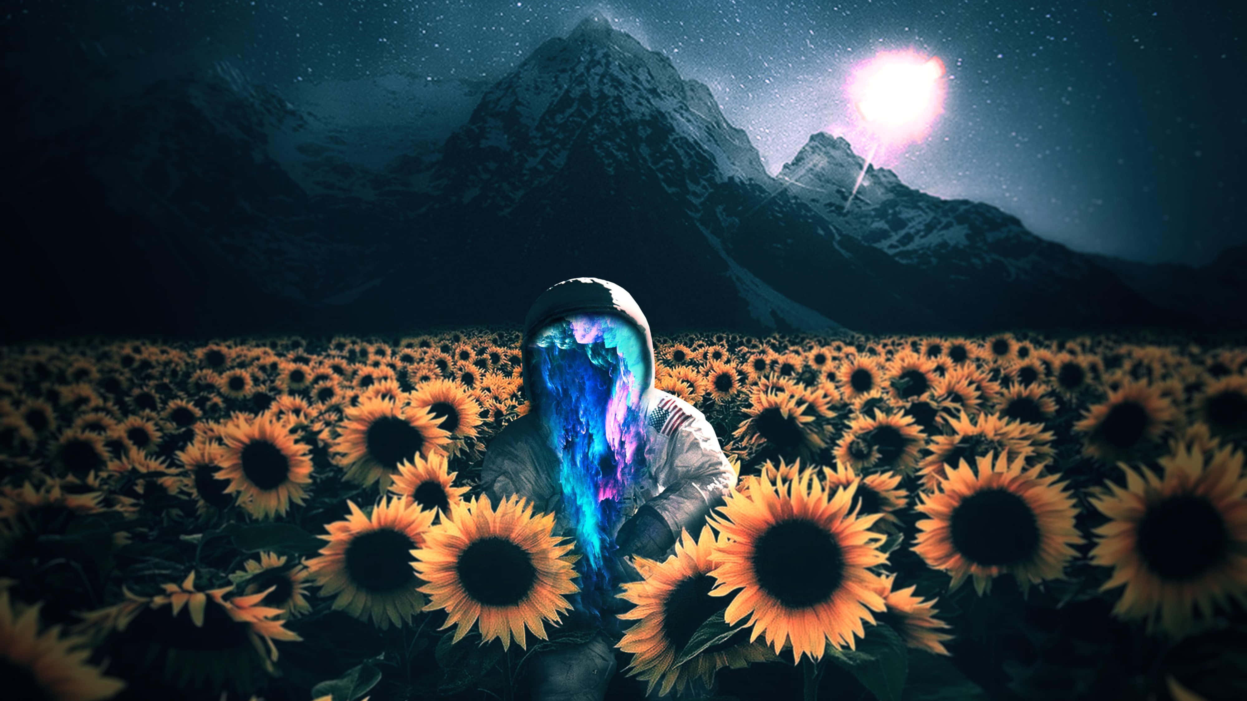 Sunflowers 桌布 壁紙 — 一個戴著兜帽的人物，臉上散發出藍色發光能量，坐在向日葵田裡，背景是繁星點點的夜空和一顆明亮的天體。