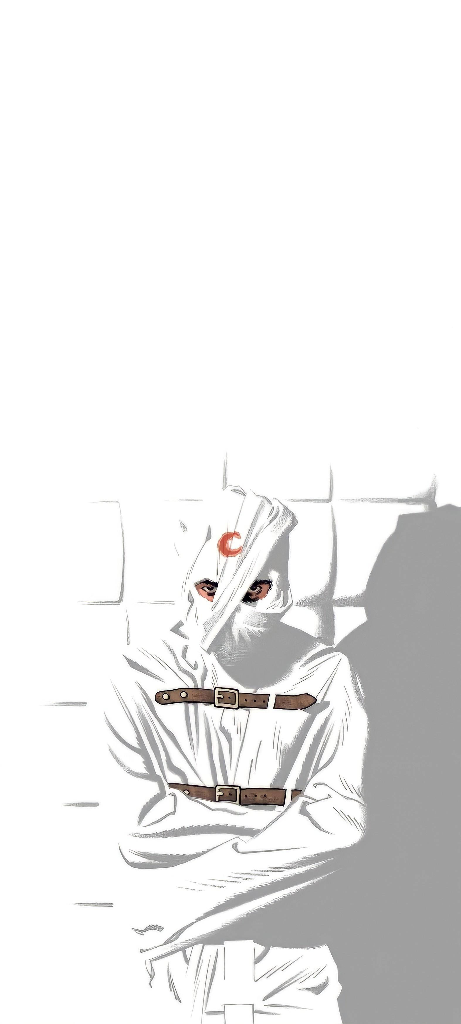 Moon Knight 桌布 壁紙 — 一個戴著兜帽的人物，額頭上有紅色的「C」，靠著石牆站立，投下長長的影子。