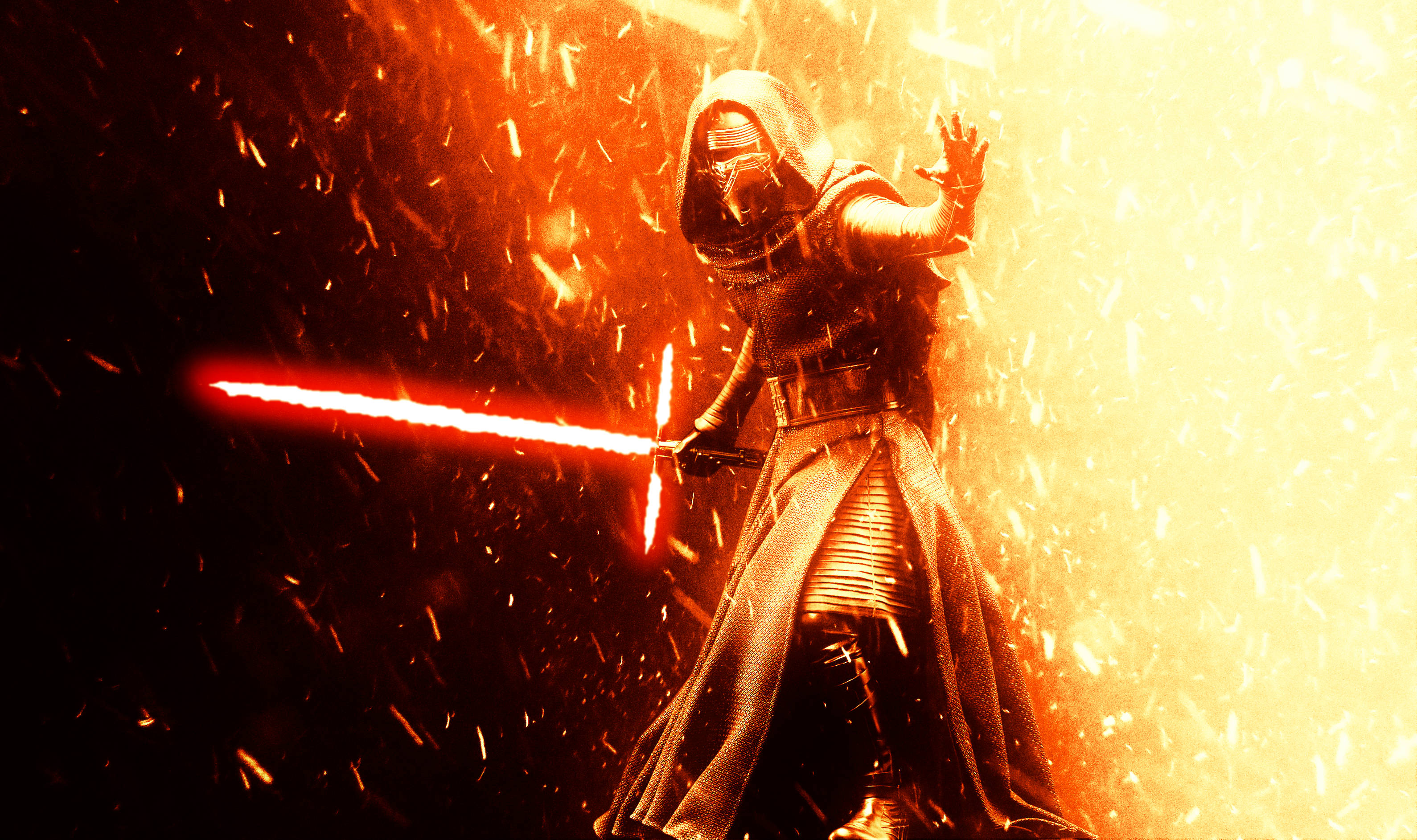 Kylo Ren 桌布 壁紙 — 一個戴著兜帽的人物在熾熱的火花中揮舞著紅色光劍，背景是發光的橙色。