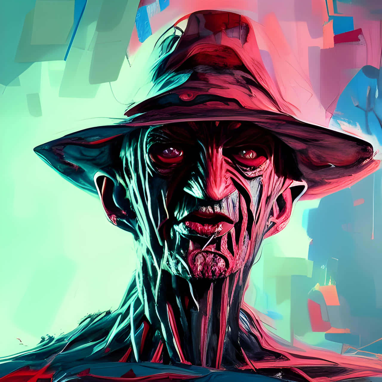 Freddy Krueger 桌布 壁紙 — 一個戴著兜帽的人物在霓虹粉紅和藍綠色燈光下的怪誕數位肖像，擁有發光的紅色眼睛和龜裂的皮膚。