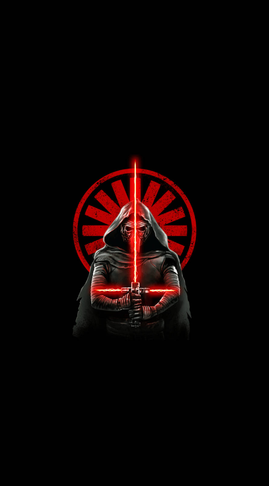 Kylo Ren 桌布 壁紙 — 一個戴著兜帽的人物在黑色背景上手持發光的紅色光劍，背後有一個紅色圓形標誌。