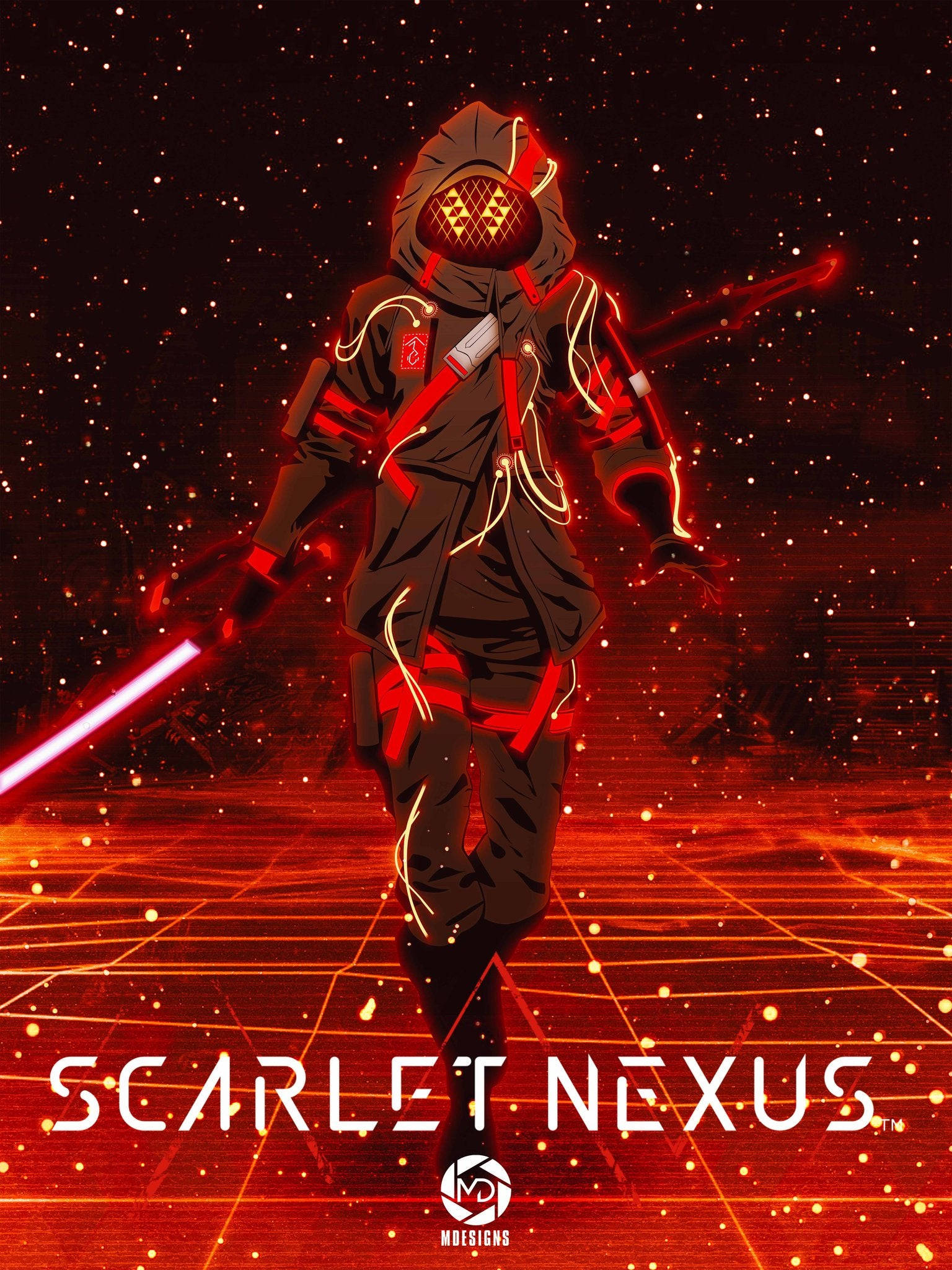 Nexus 桌布 壁紙 — 一個戴著兜帽的人物手持發光的紅色光劍，站在網格地板上，背景是星空紅色的天空，呈現賽博龐克動畫場景。