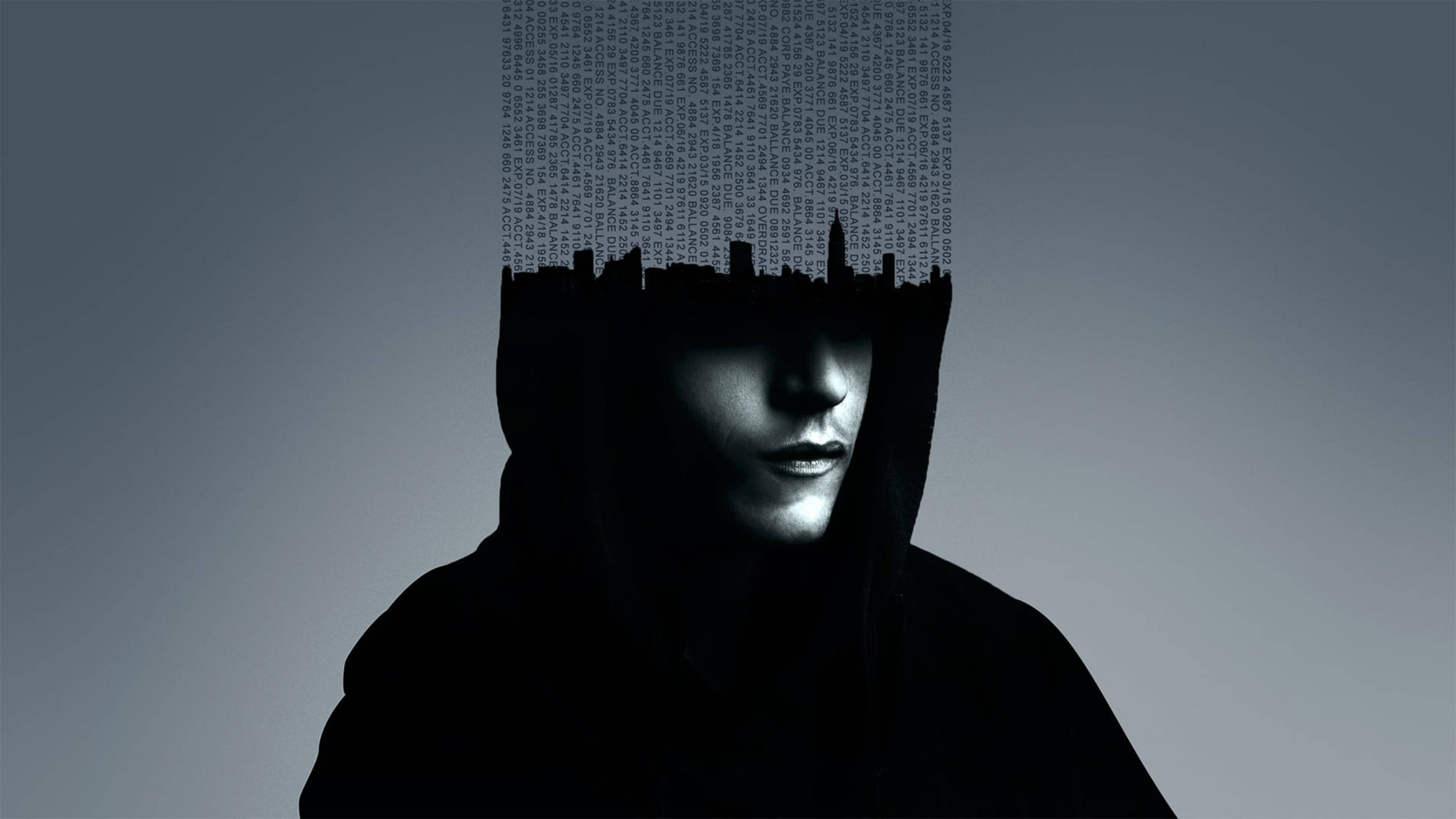 Mr Robot 桌布 壁紙 — 一個戴著兜帽的人物的臉被城市天際線取代，上方有數位代碼如瀑布般流下，背景為漸變灰色。