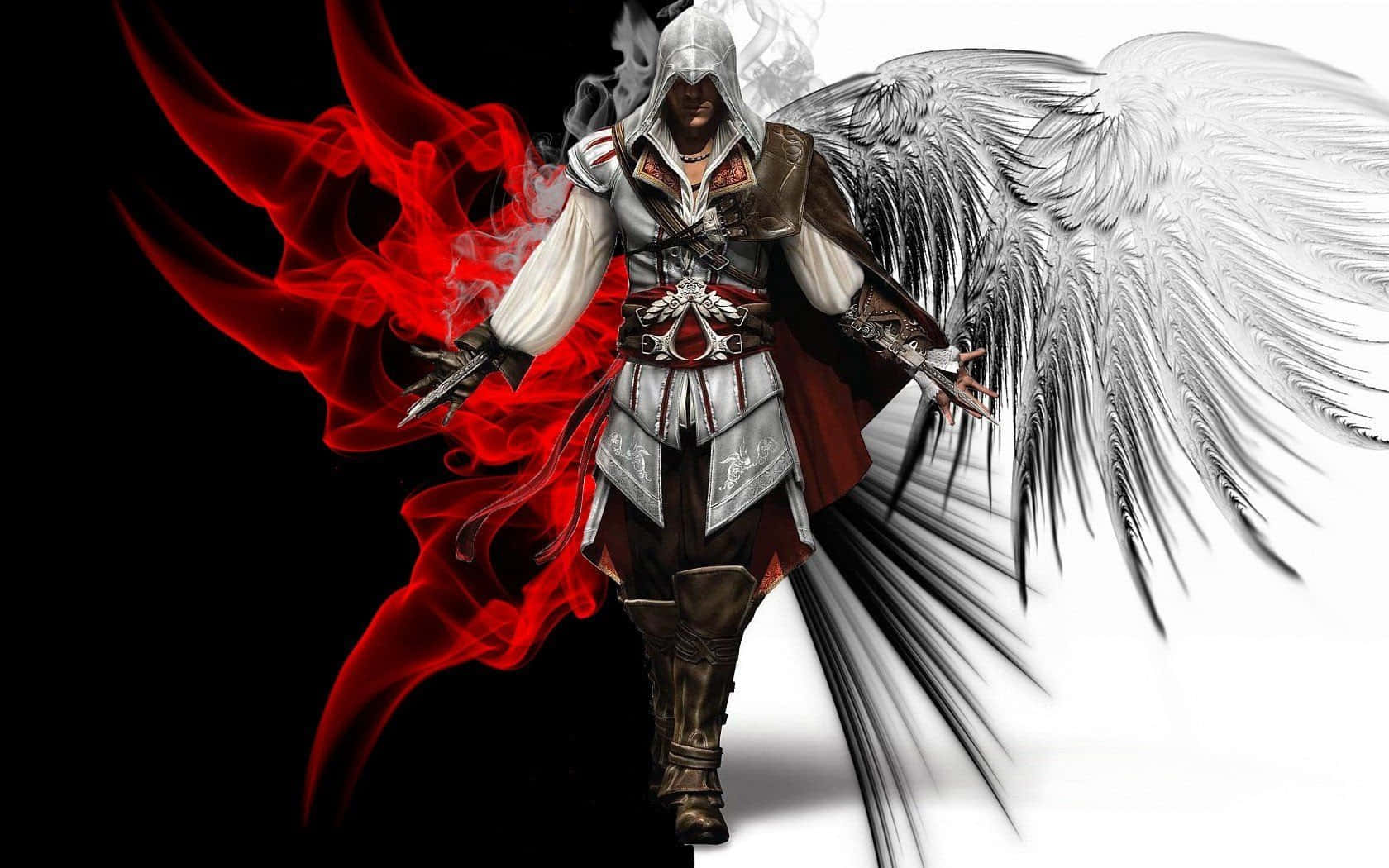 Assassin's Creed Ezio 桌布 壁紙 — 一個戴著兜帽的刺客，一側是紅色煙霧翅膀，另一側是白色羽毛翅膀，在鮮明的黑白背景下大步前行。