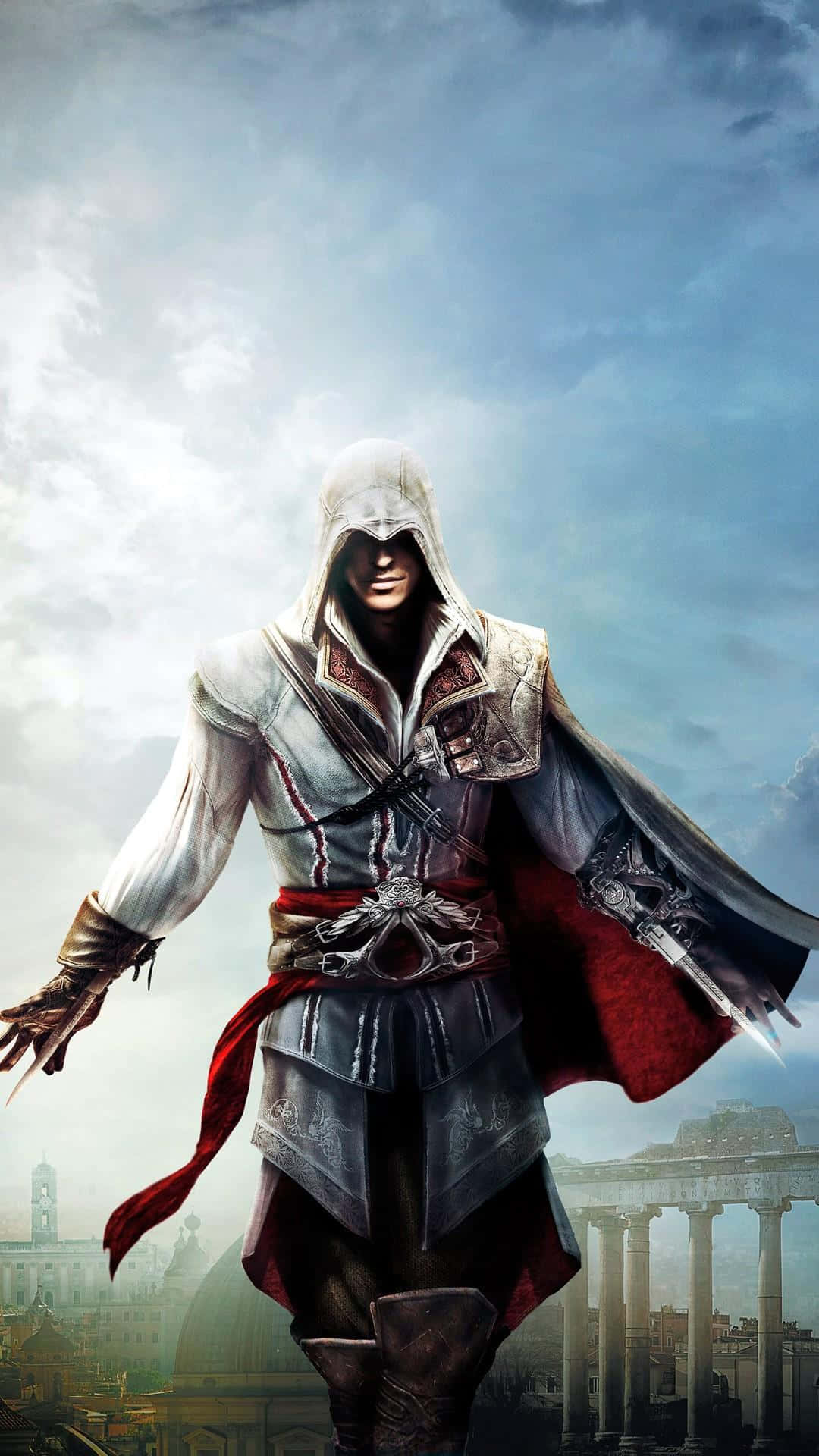 iPhone X Assassin's Creed Valhalla 桌布 壁紙 — 一個戴著兜帽的刺客，身穿白色和紅色長袍，在陰天背景下，手持隱藏刀刃，站在古羅馬遺跡之上。