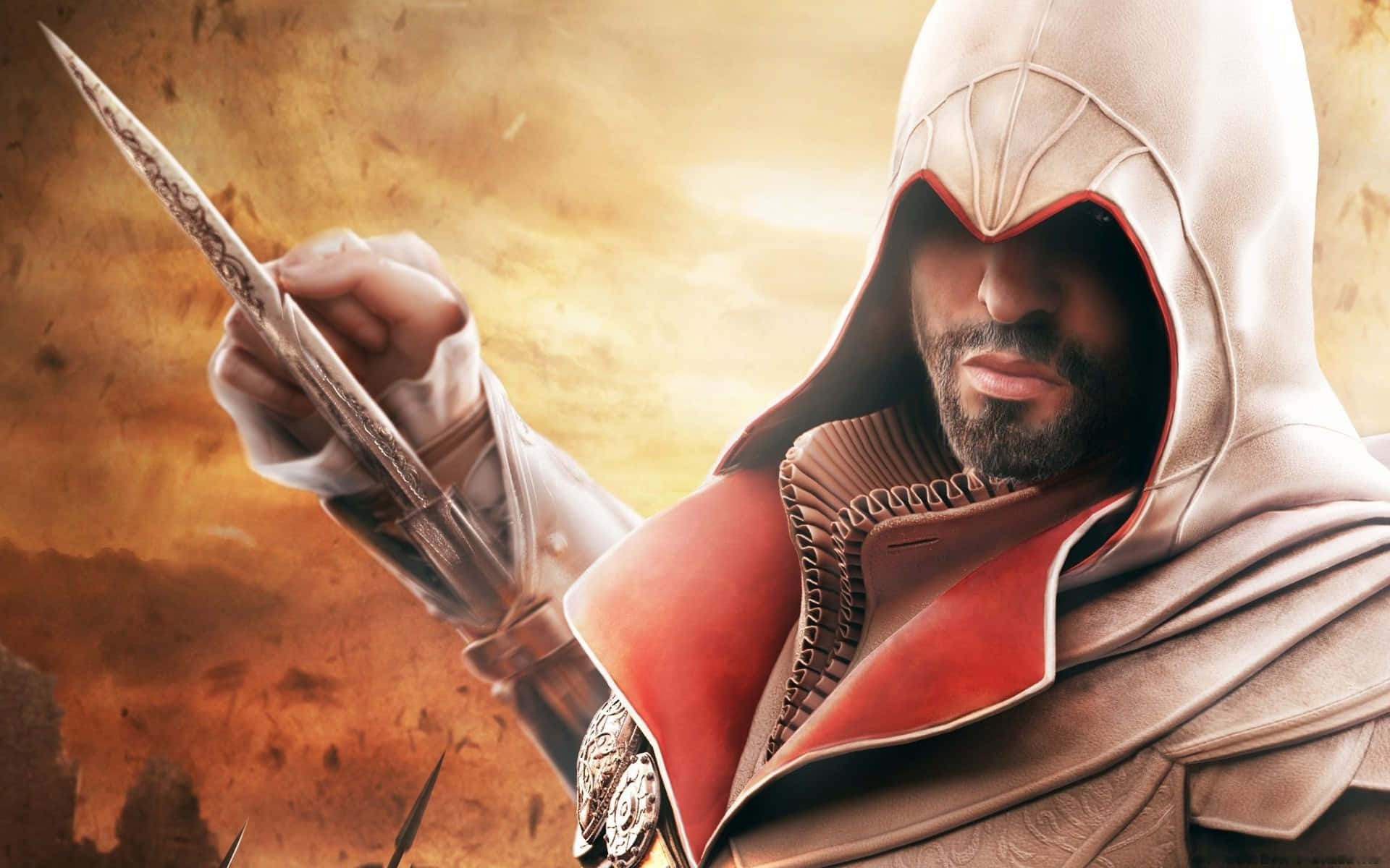 Desmond Miles 桌布 壁紙 — 一個戴著兜帽的刺客，身穿白色和紅色長袍，手持精細的刀刃，背景是火紅色的天空。