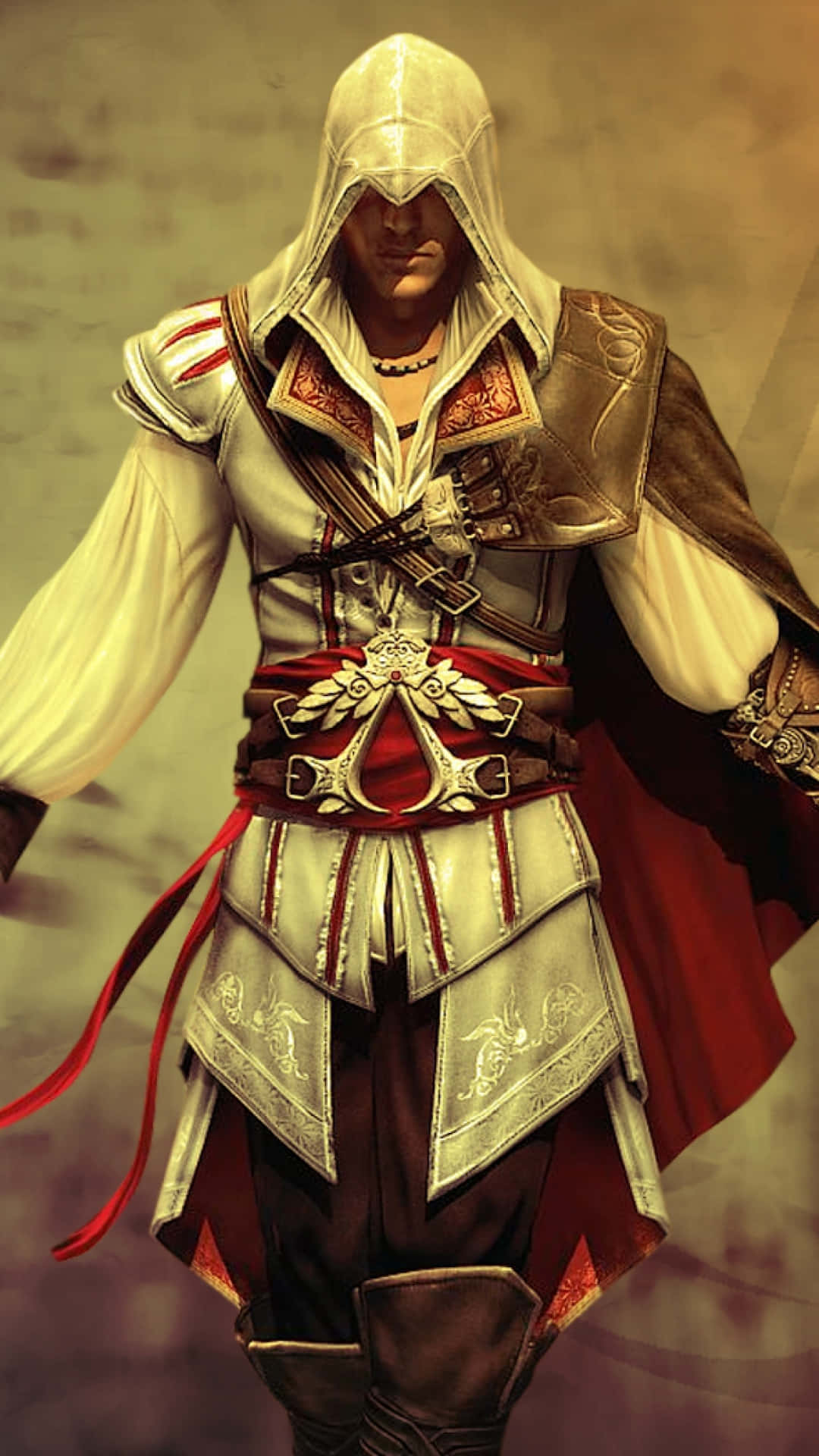 iPhone X Assassin's Creed Valhalla 桌布 壁紙 — 一個戴著兜帽的刺客，身穿白色長袍和紅色腰帶，在朦朧的背景前以堅定的目光蓄勢待發。