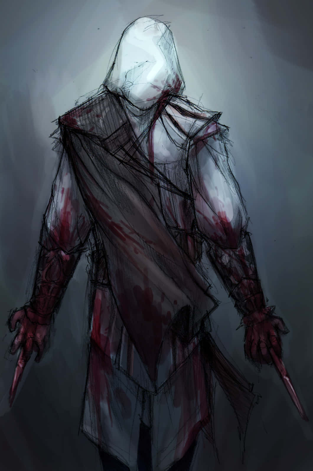 Ezio Auditore 桌布 壁紙 — 一個戴著兜帽的刺客，身穿血跡斑斑的長袍，隱藏著臉龐，戴著手套的手握著鋒利的刀刃，站在深灰色背景前。