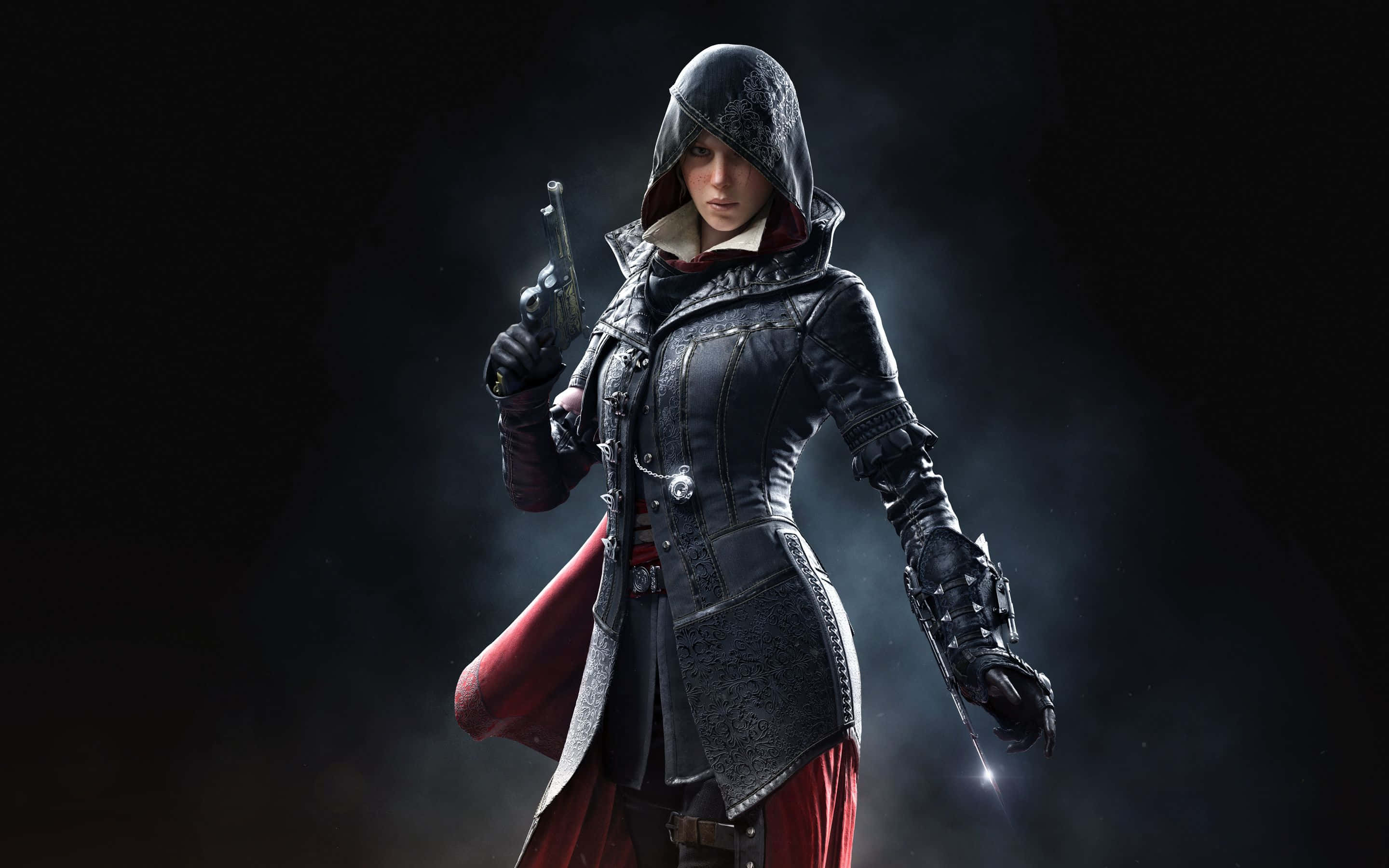 Assassin's Creed Syndicate 桌布 壁紙 — 一個戴著兜帽的刺客，身穿黑色皮革外套，紅色內襯，手持手槍，站在煙霧繚繞的黑色背景前。
