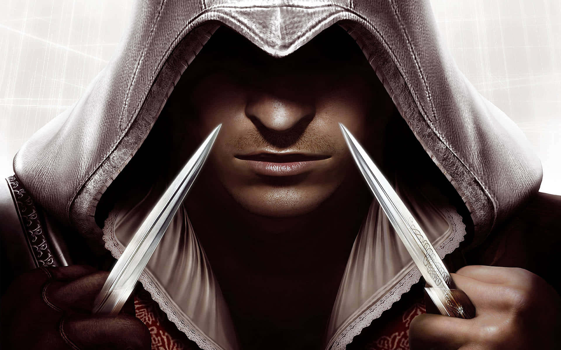 Assassin's Creed Altair 桌布 壁紙 — 一個戴著兜帽的刺客，鋒利的金屬刀片靠近他的臉部，戲劇性的特寫。
