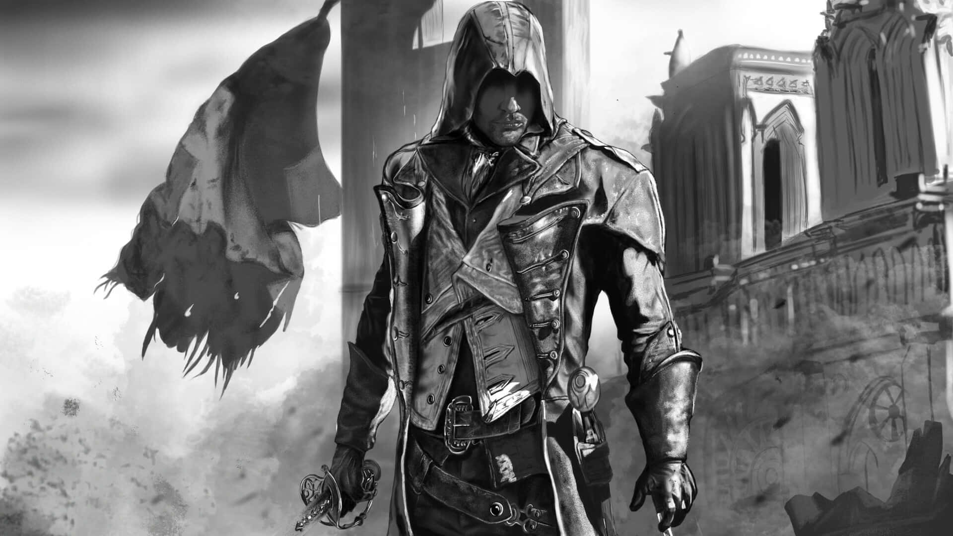 Arno Dorian 桌布 壁紙 — 一個戴著兜帽的刺客穿著細節豐富的皮衣，站在下雨的城市環境中，背景有破爛的旗幟和哥德式建築。