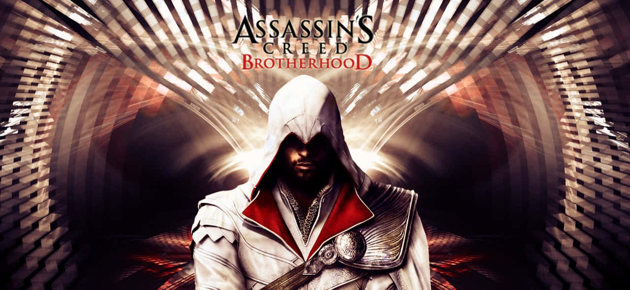 Assassin's Creed Brotherhood 桌布 壁紙 — 一個戴著兜帽的刺客站在發光的隧道中，遊戲標題在他上方。