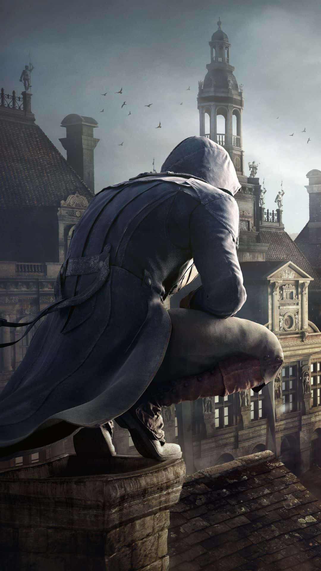 Arno Dorian 桌布 壁紙 — 一個戴著兜帽的刺客蹲在屋頂上，俯瞰著霧氣瀰漫的歐洲城市景觀，鳥兒在頭頂飛翔。