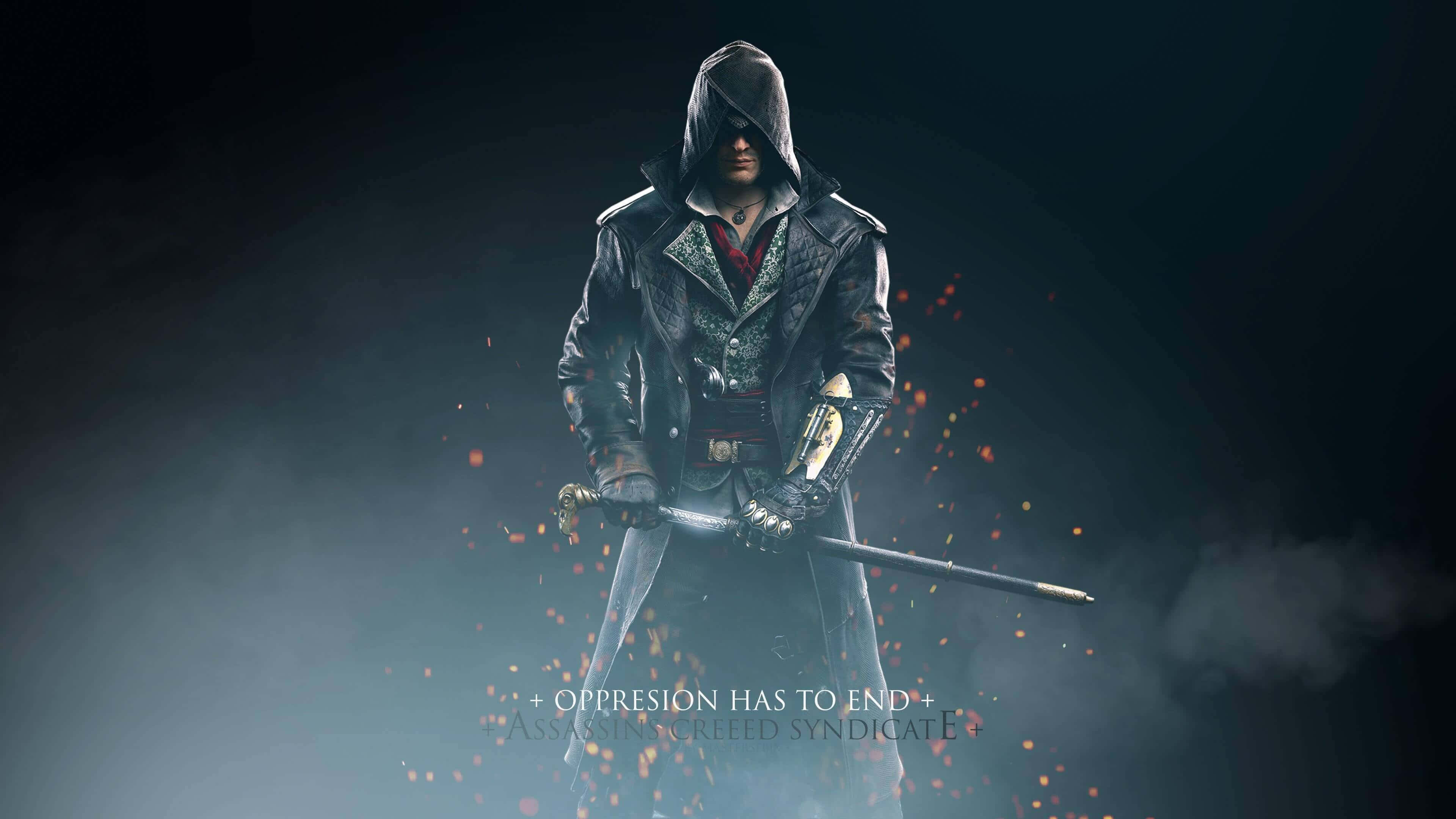 Dark Gaming 桌布 壁紙 — 一個戴著兜帽的刺客身穿深色外套，手持劍，立於發光的餘燼和迷霧陰影之中。